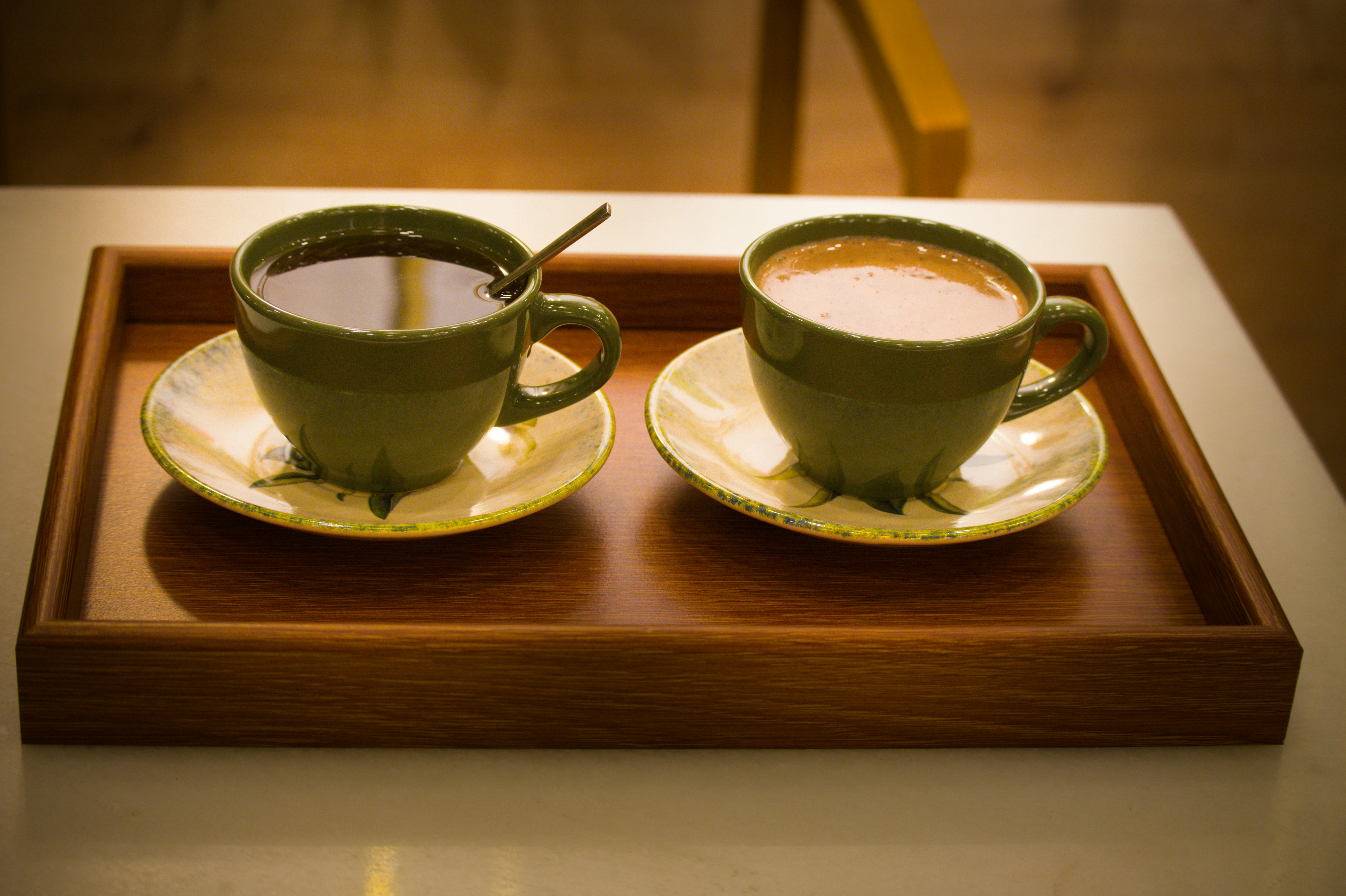 Two cups of tea on a wooden tray, shared during a quiet catch-up