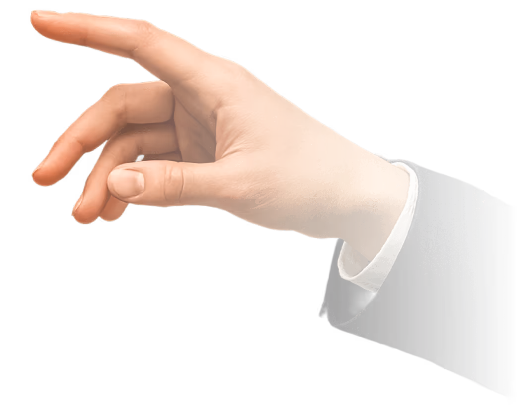 Hand in Anzug streckt sich aus, Zeigefinger und Daumen leicht gespreizt.