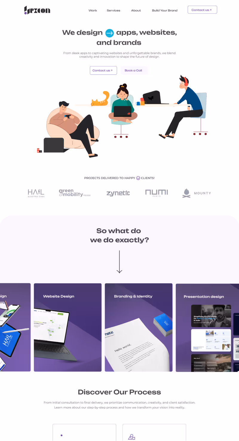 Illustration of three people working on laptops and a tablet, promoting design services for apps, websites, and brands with client logos below and service categories shown.