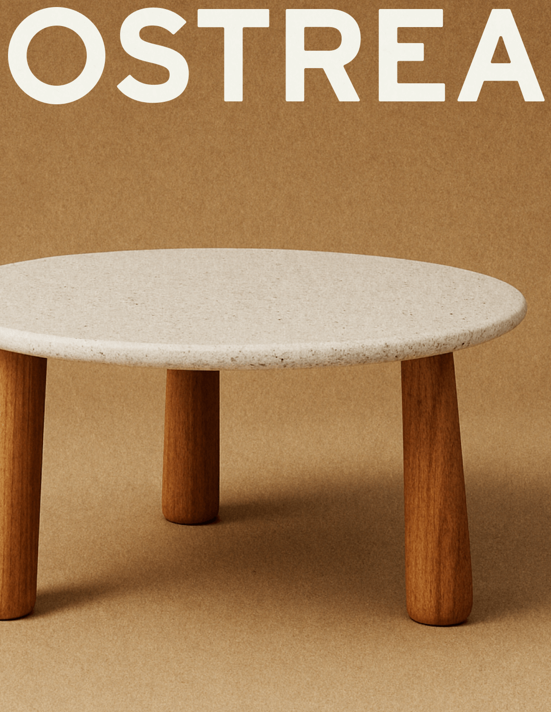 A logotype design for Ostrea, materials from the sea showed on top of a furniture picture of a table with materials