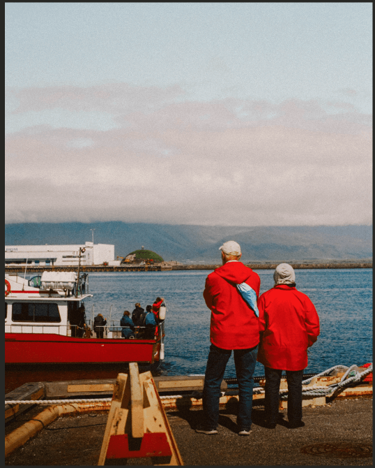 An analog photography of a couple in red coats looking at the sea and boat took in Reyjavik, Iceland