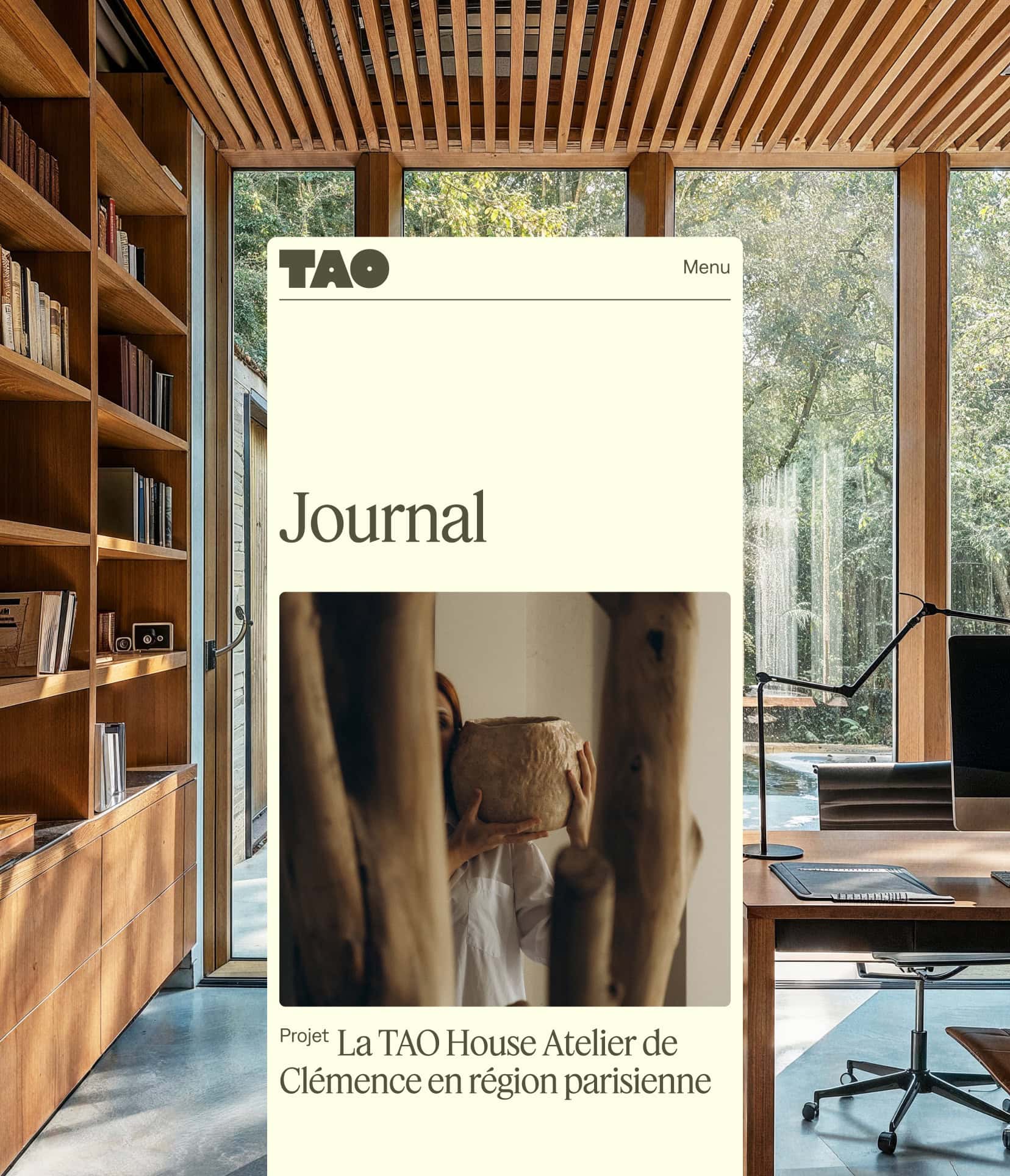 Responsive website design of a journal page branded for Tao Houses, tiny houses construction brand
