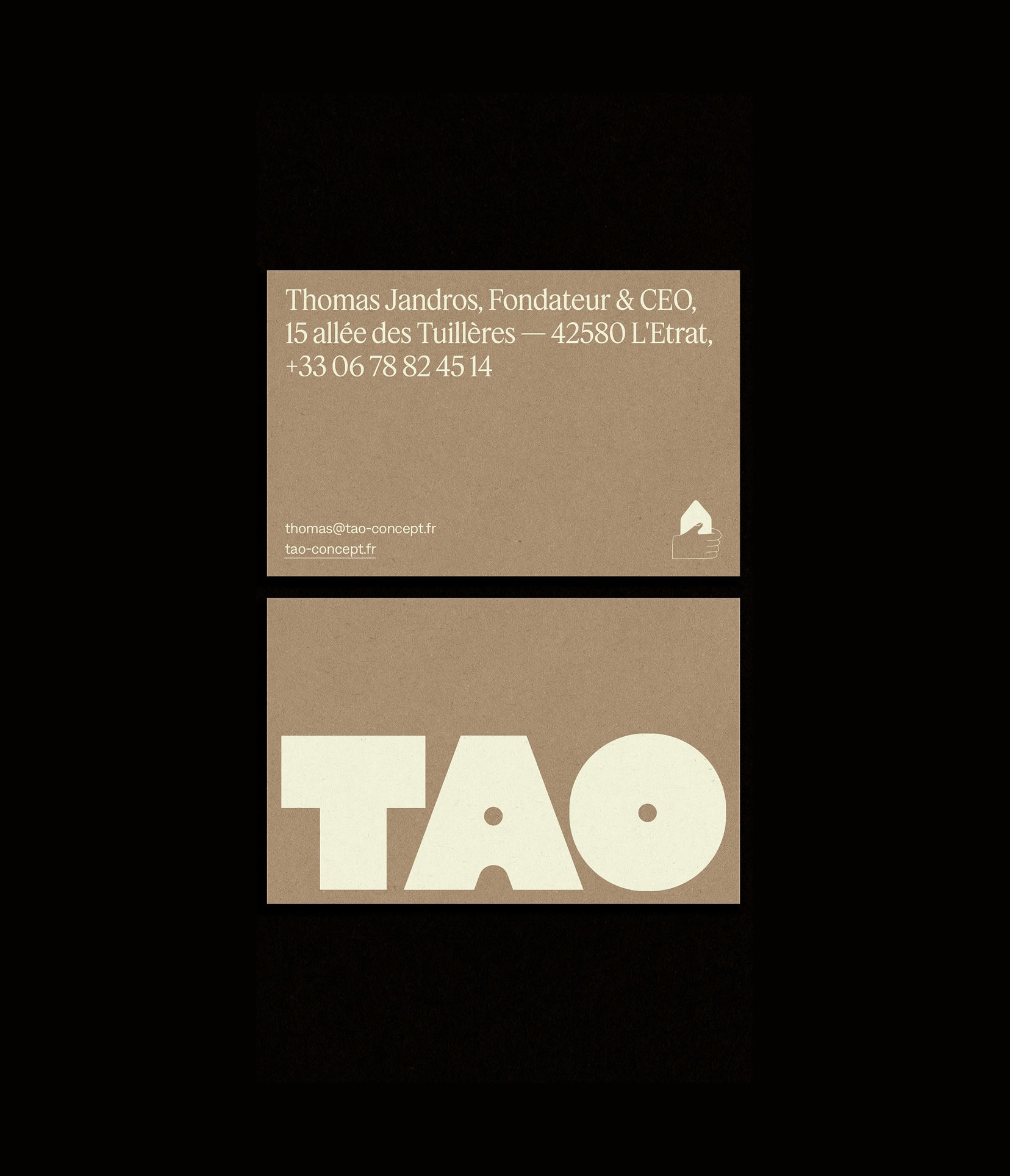 Kraft business card design branded for Tao Houses, tiny houses construction brand