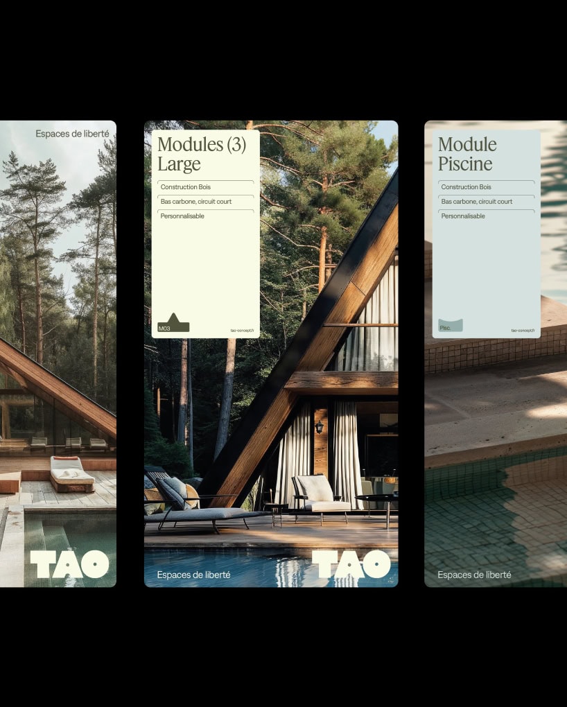 Three technical informations flyers branded for Tao Houses, tiny houses construction brand