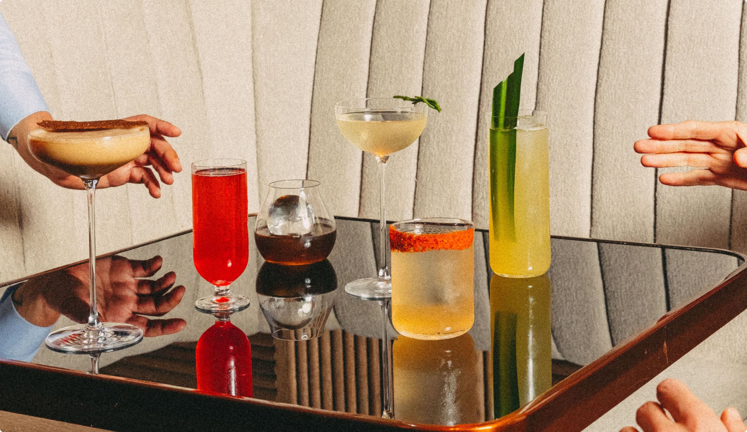 Cocktails on a table for Pimpan restaurant in Dame des Arts Hotel in Paris