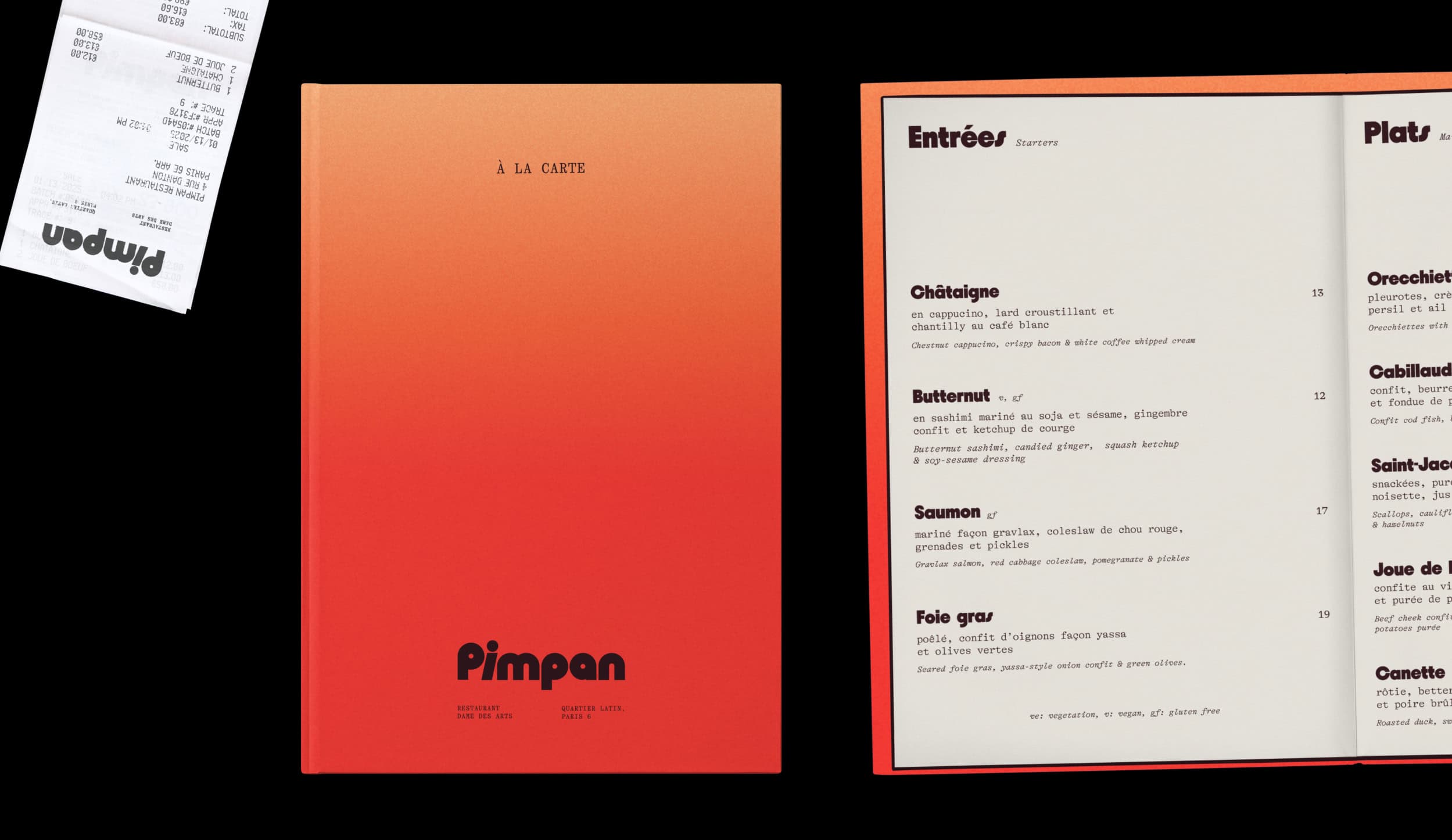 Menu and ticket design for Pimpan restaurant in Dame des Arts Hotel in Paris