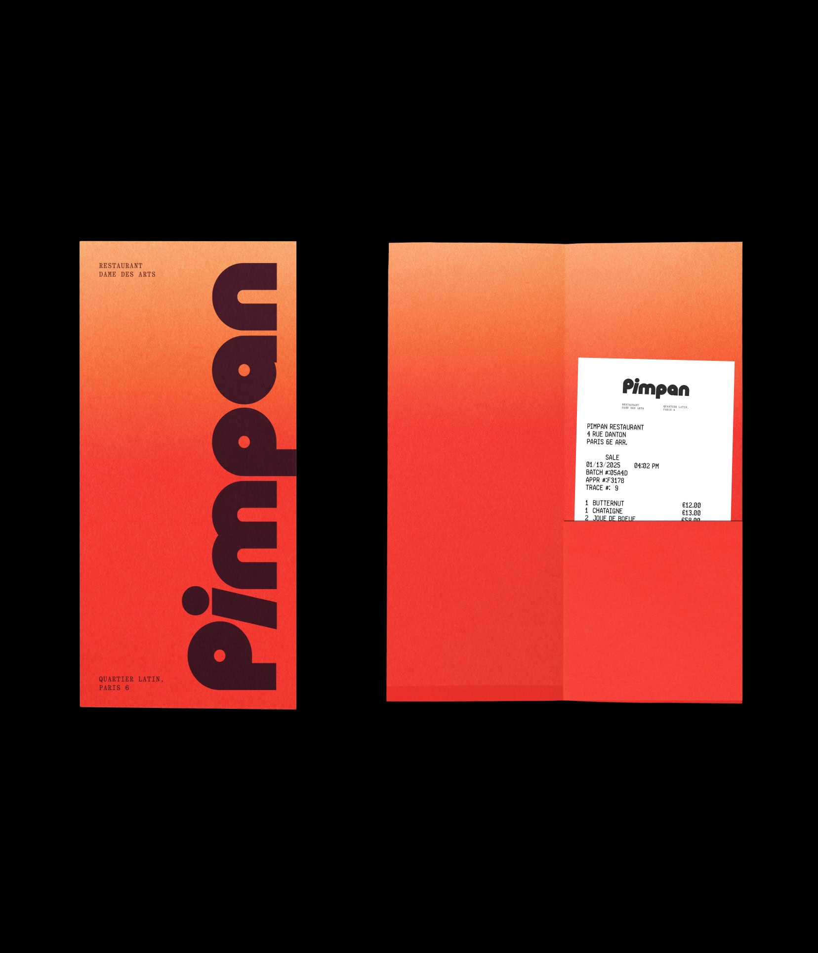 Pay the bill folder design for Pimpan restaurant in Dame des Arts Hotel in Paris