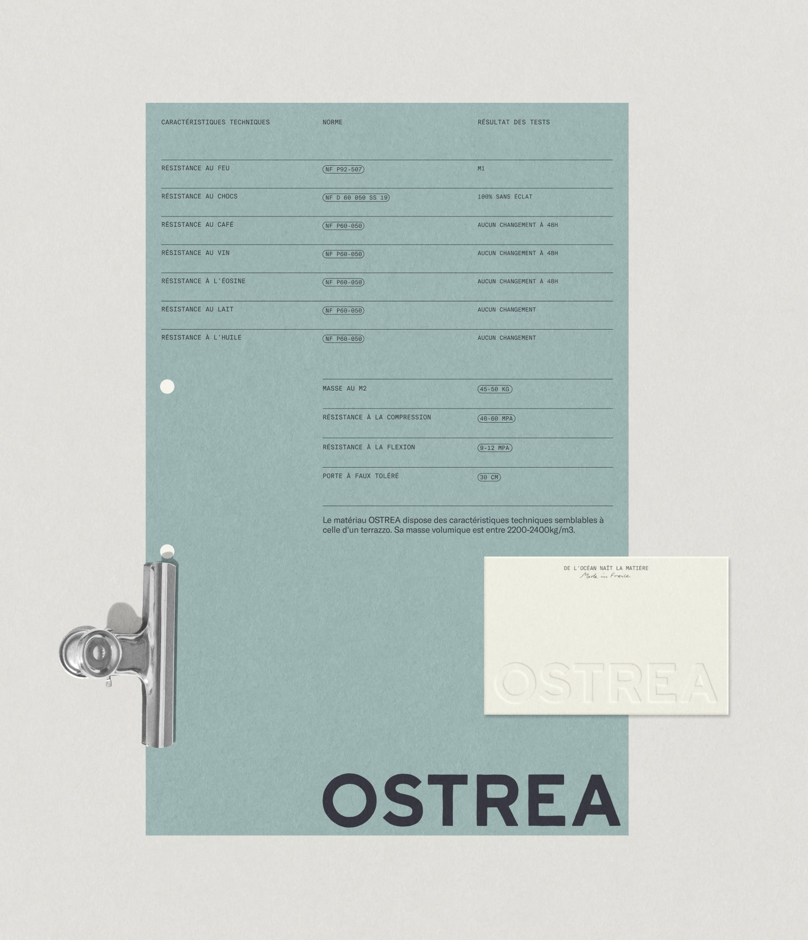 Technical flyer and business card design for Ostrea, materials from the sea brand