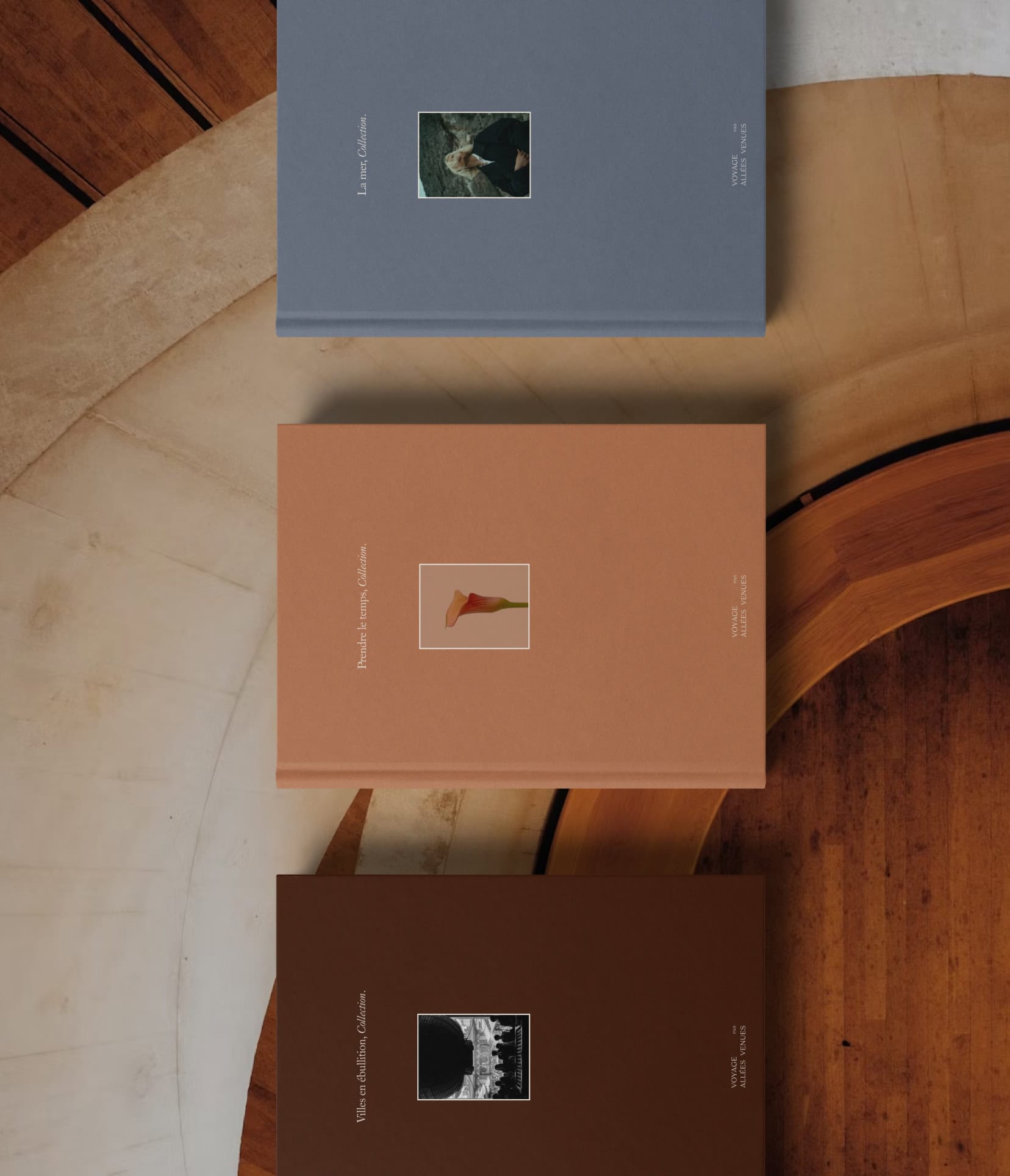 Travel collection books design in different colors for Voyage parAllees Venues luxury travel agency