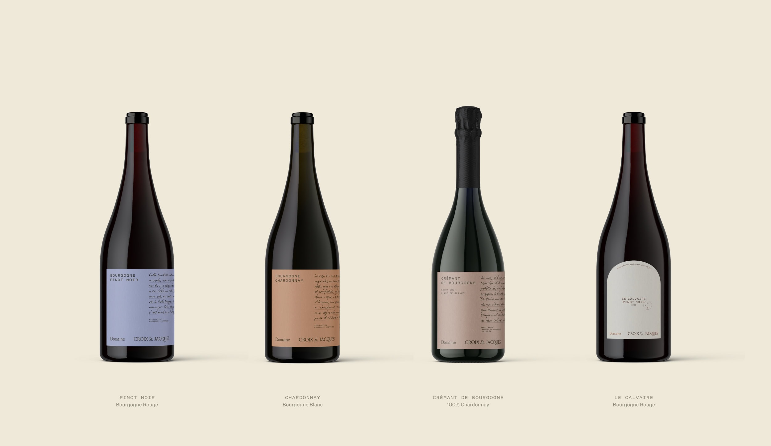 Collection of label design for four bottles of wine for Domaine Croix Saint Jacques, a Burgundy wine producer
