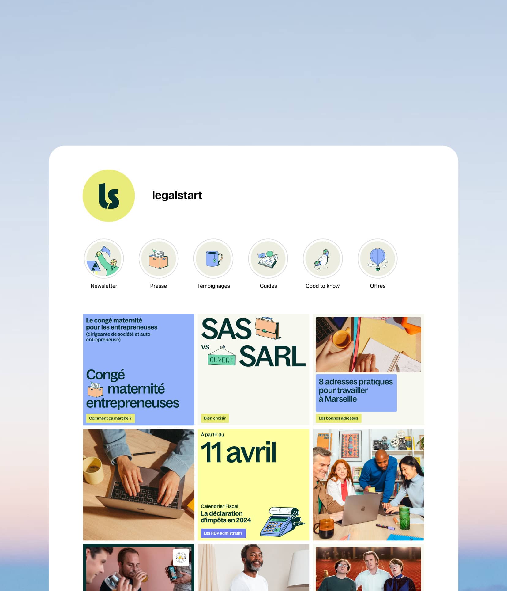Social media Instagram profile design for Legalstart, French legal tech that helps entrepreneurs