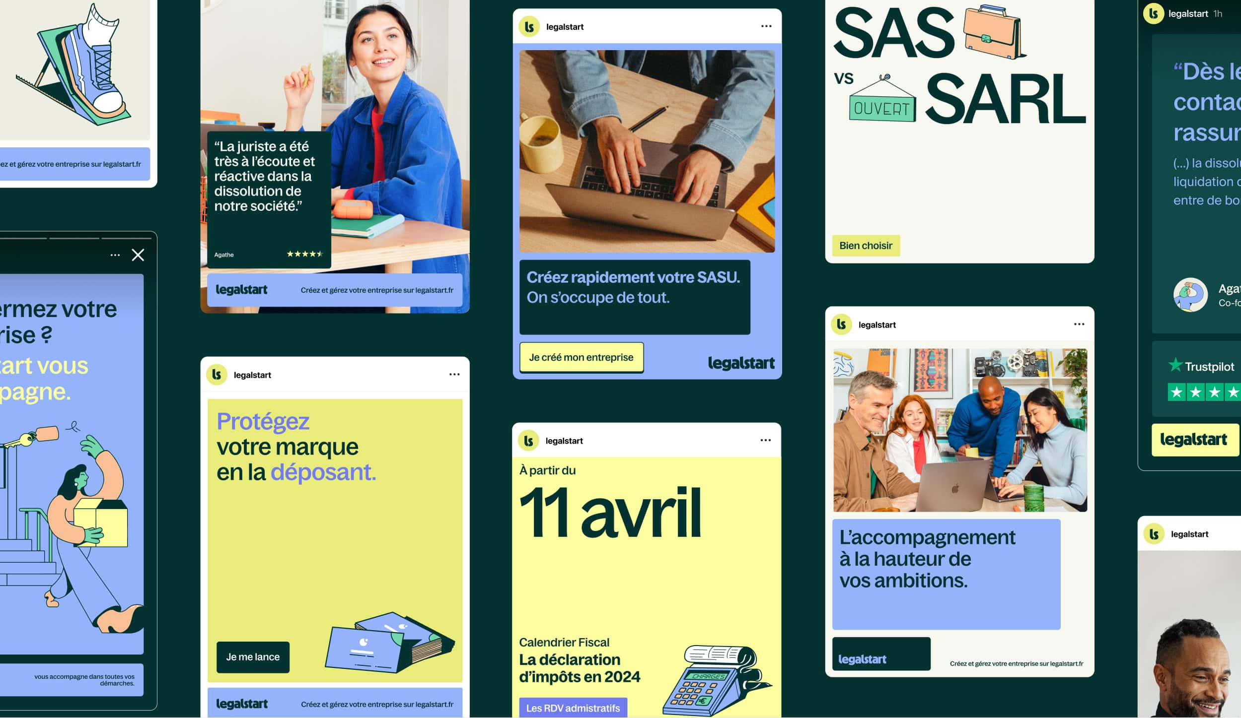 Social media Instagram posts and stories design for Legalstart, French legal tech that helps entrepreneurs
