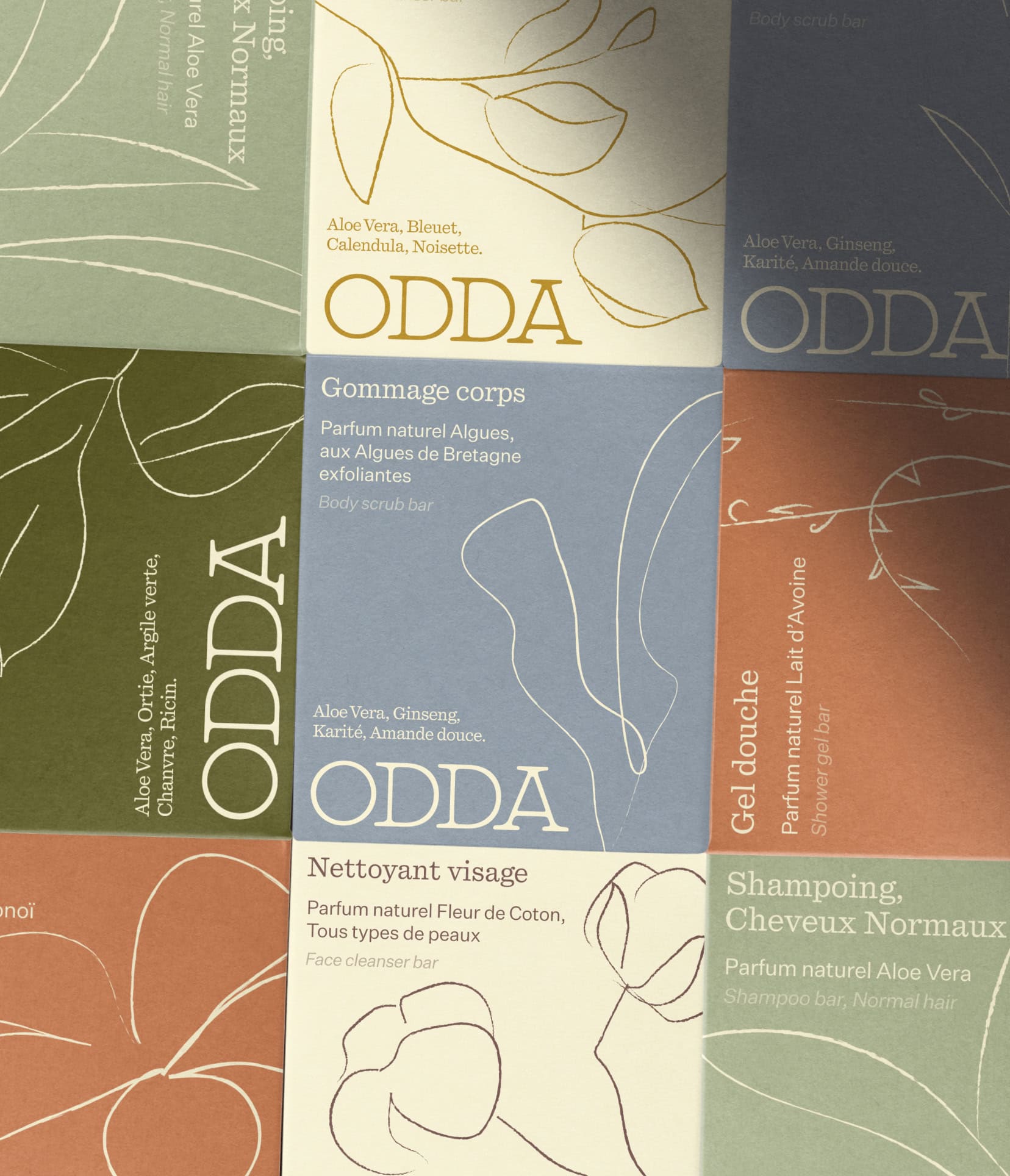 Packaging patchwork for Odda Cosmetics, a natural beauty brand