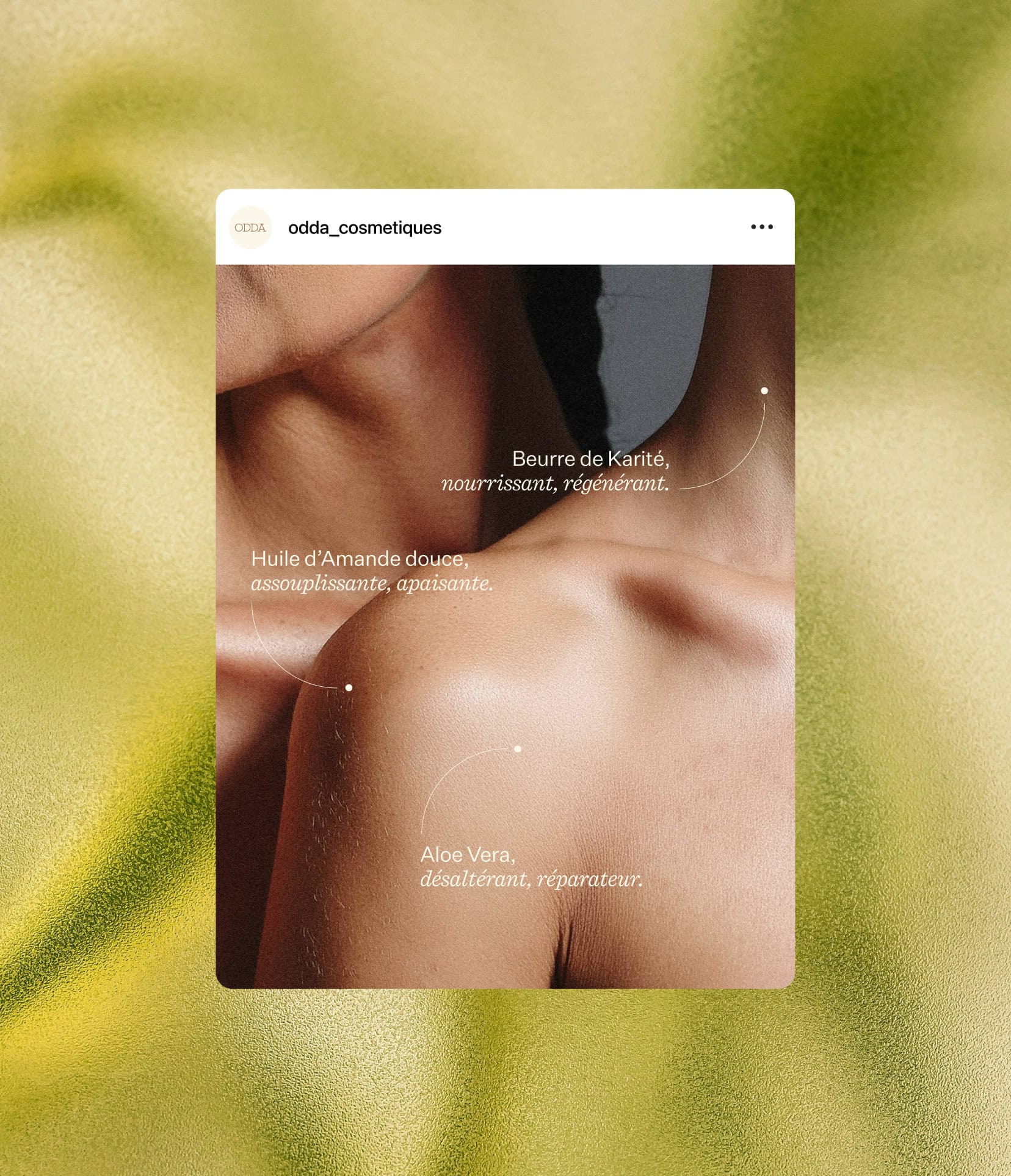 Social media Instagram post design for Odda Cosmetics, a natural beauty brand