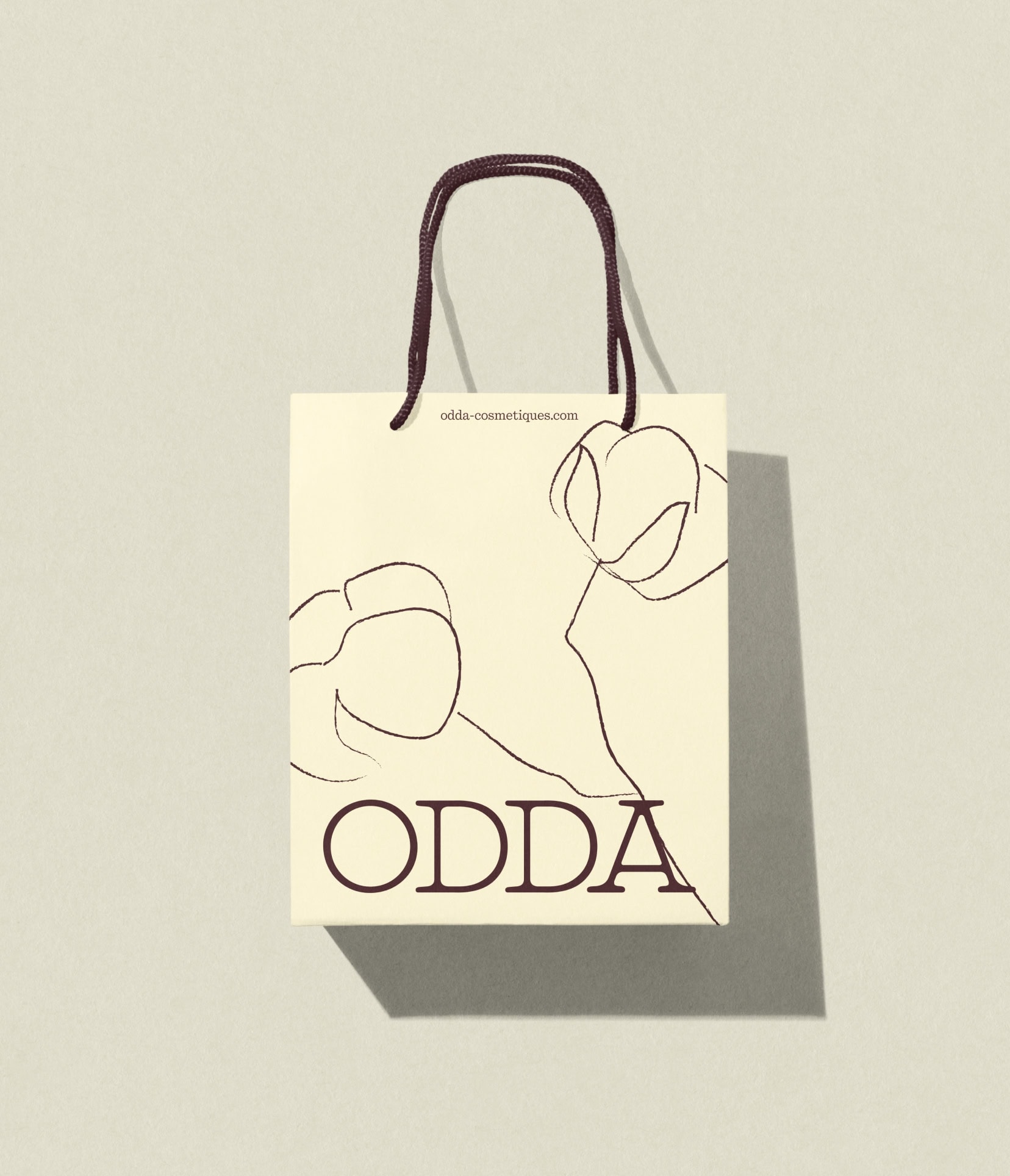 Shopping bag with cotton flower illustration for Odda Cosmetics, a natural beauty brand