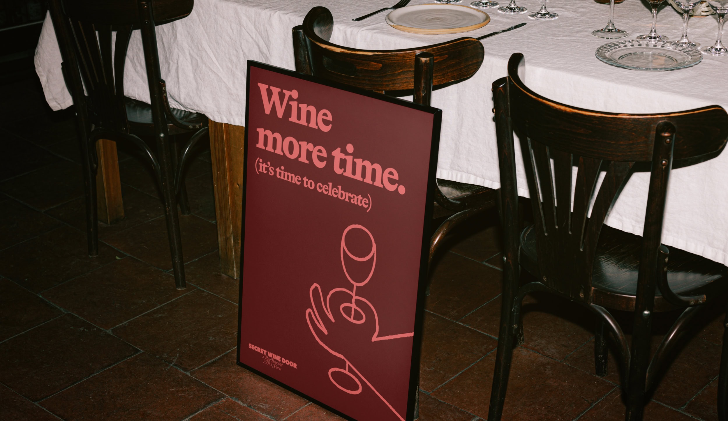 Poster wine more time and illustration design for Secret Wine Door, wine tastings and wine club delivery