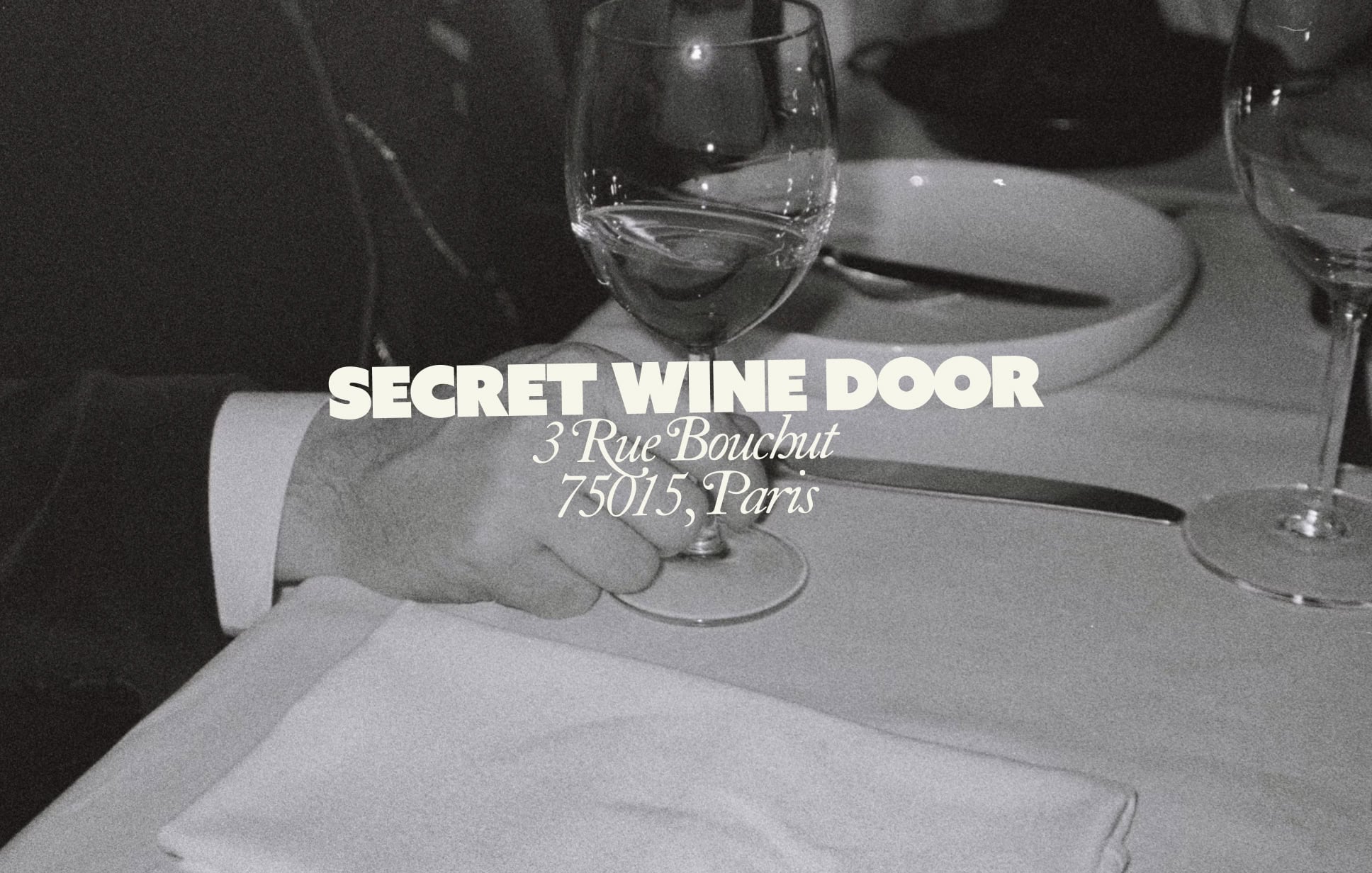 Logotype design on black and white wine tasting photography for Secret Wine Door, wine tastings and wine club delivery