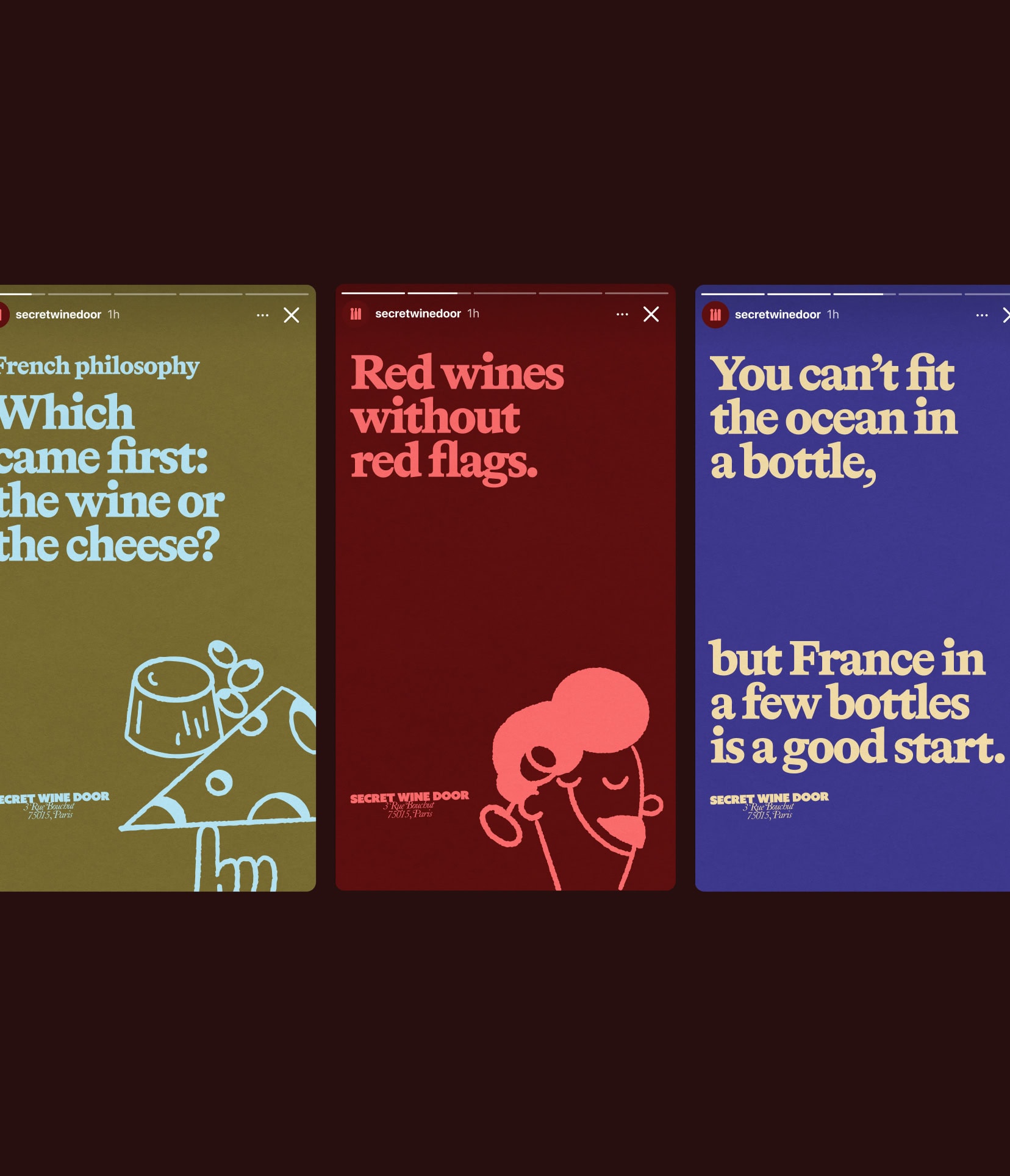 Social media Instagram stories set design for Secret Wine Door, wine tastings and wine club delivery