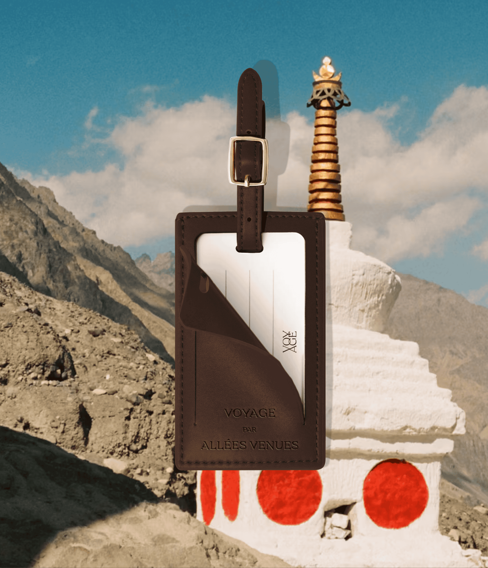 Luggage tag design embossed for Voyage parAllees Venues luxury travel agency