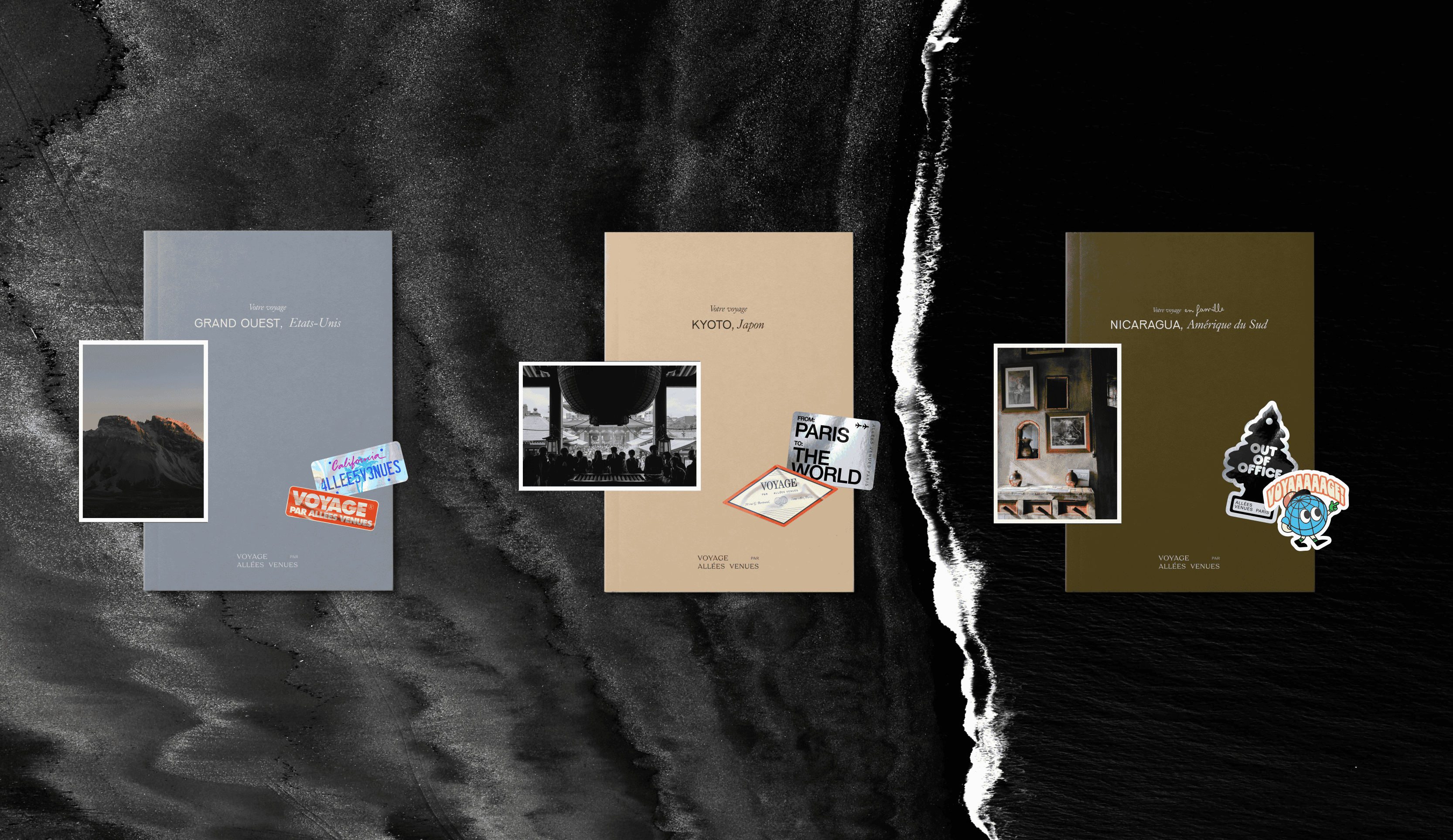 Travel guides, postcards and stickers design in different colors for Voyage parAllees Venues luxury travel agency