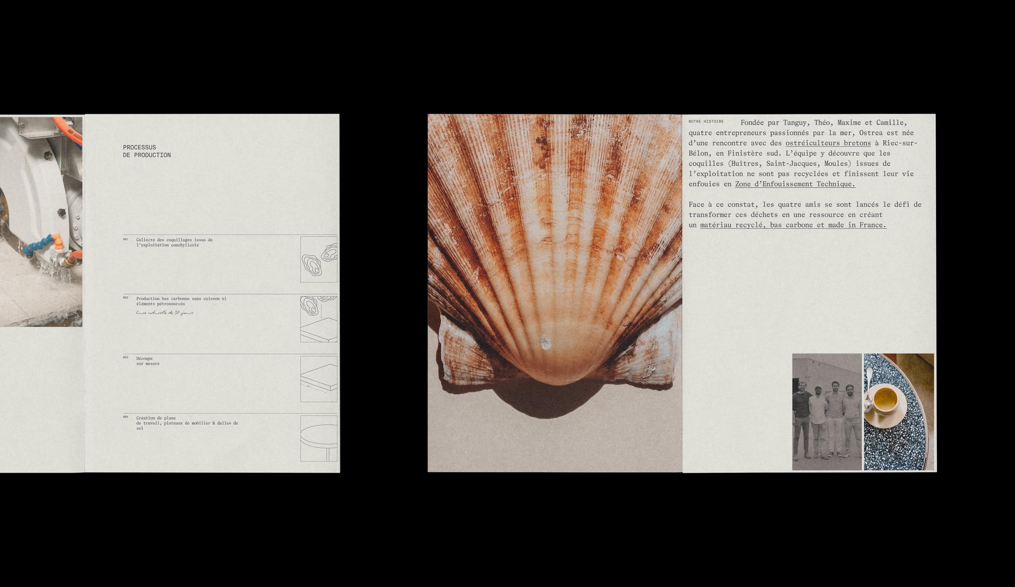 Inside the catalog double pages design for Ostrea, materials from the sea brand
