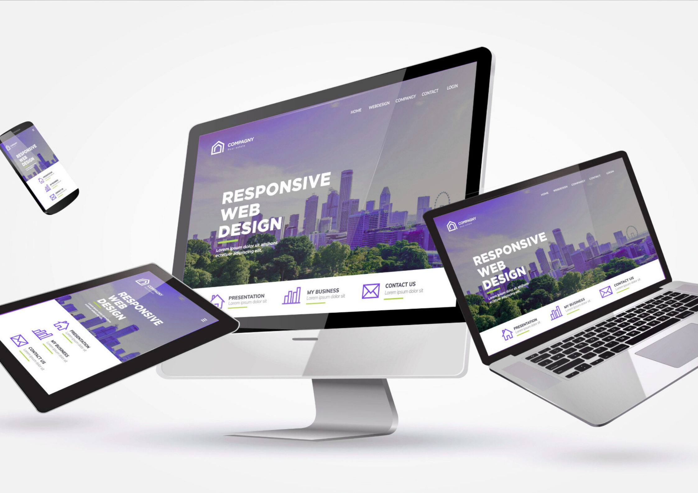 Desktop computer, laptop, tablet, and smartphone displaying a responsive web design with city skyline background.