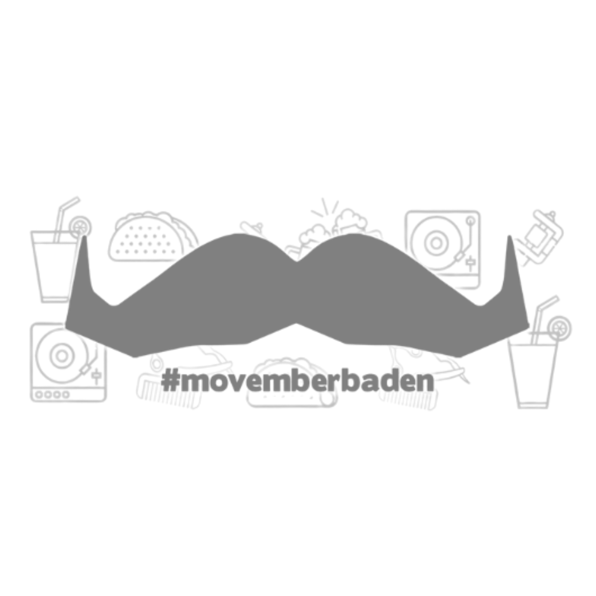 Icon featuring a large mustache with outlines of a taco, drink, turntable, comb, and the text 'movemberbaden' underneath.