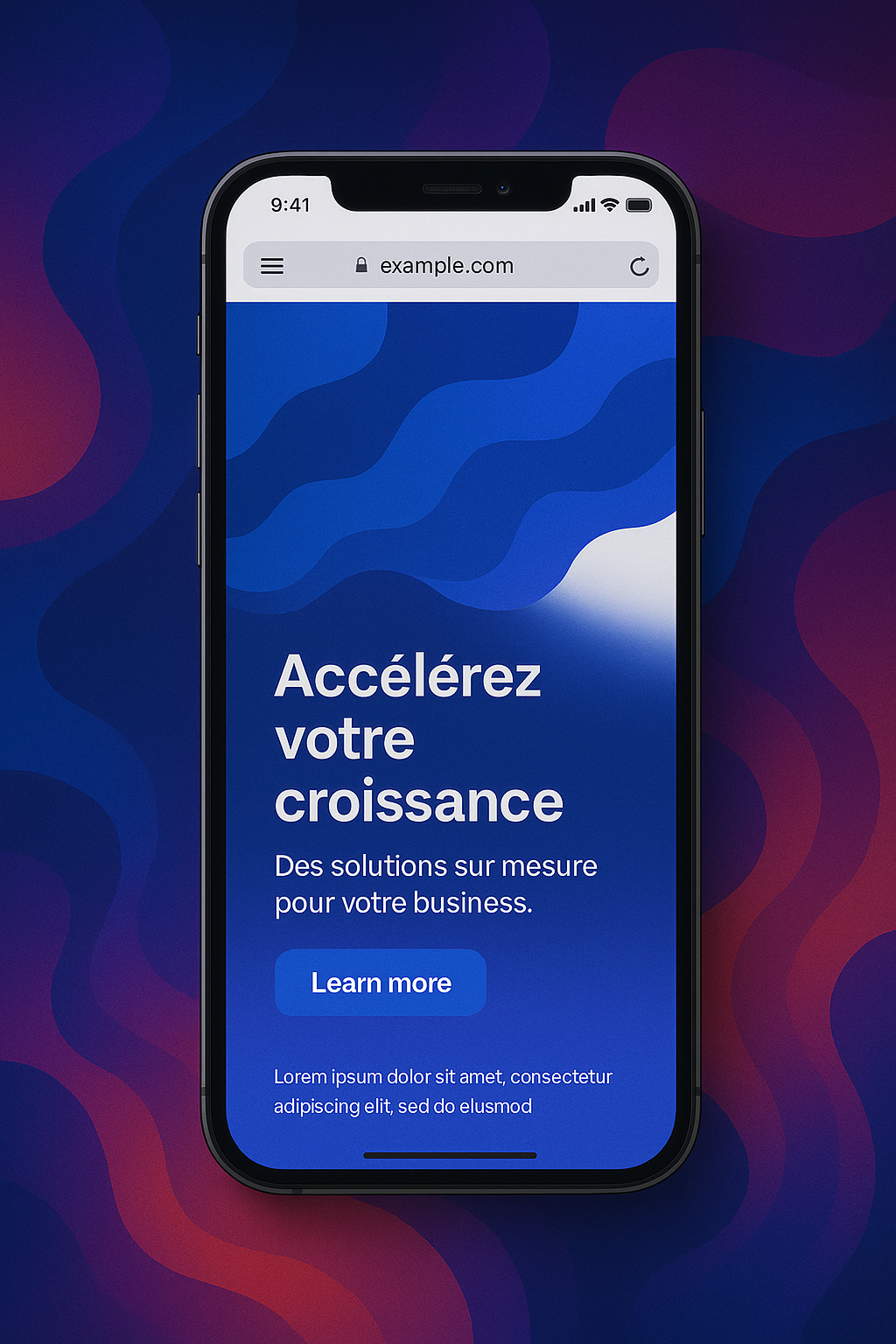 Interface mobile en français affichant “Accélérez votre croissance” avec bouton d’action.