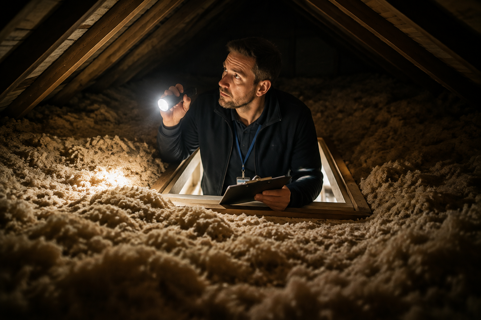 EPC surveyor inspecting loft insulation during an energy efficiency assessment, recording findings on a clipboard inside a residential property attic space.