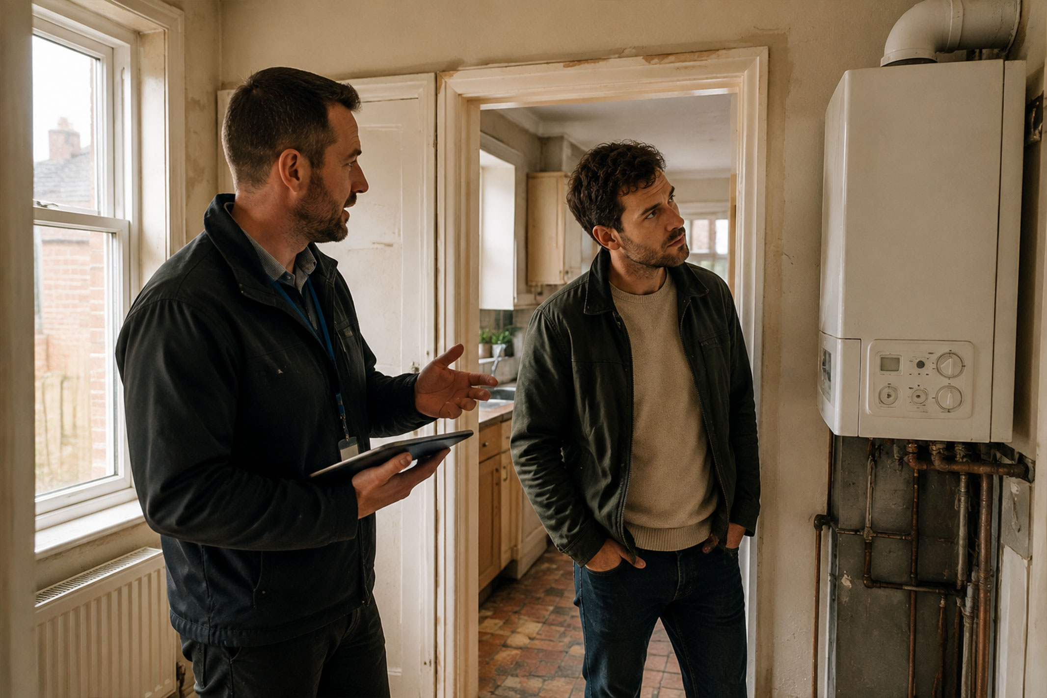 Property investor and surveyor inspecting an older rental property, reviewing energy efficiency improvements including the boiler, heating system and windows.