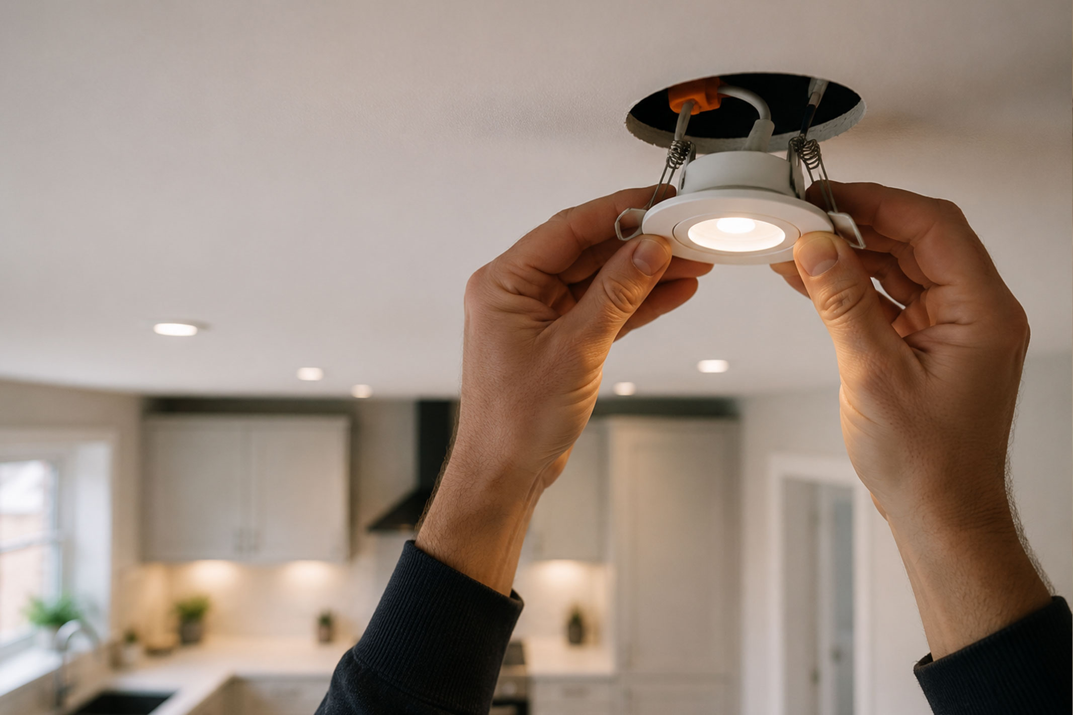 Electrician installing an energy-efficient LED spotlight in the ceiling of a newly refurbished kitchen as part of a property EPC improvement project.