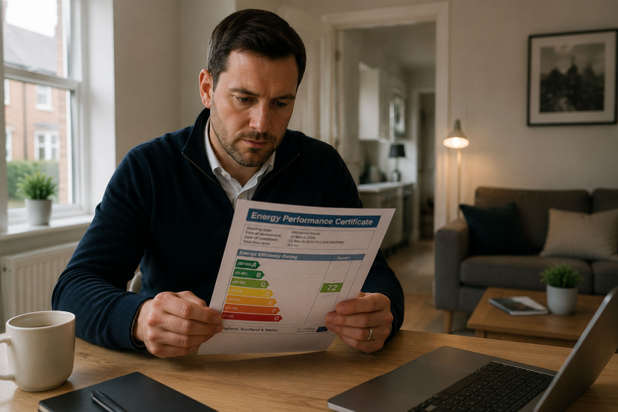 Property investor reviewing an Energy Performance Certificate at a table inside a residential property, assessing the home's energy efficiency rating and future improvement requirements.
