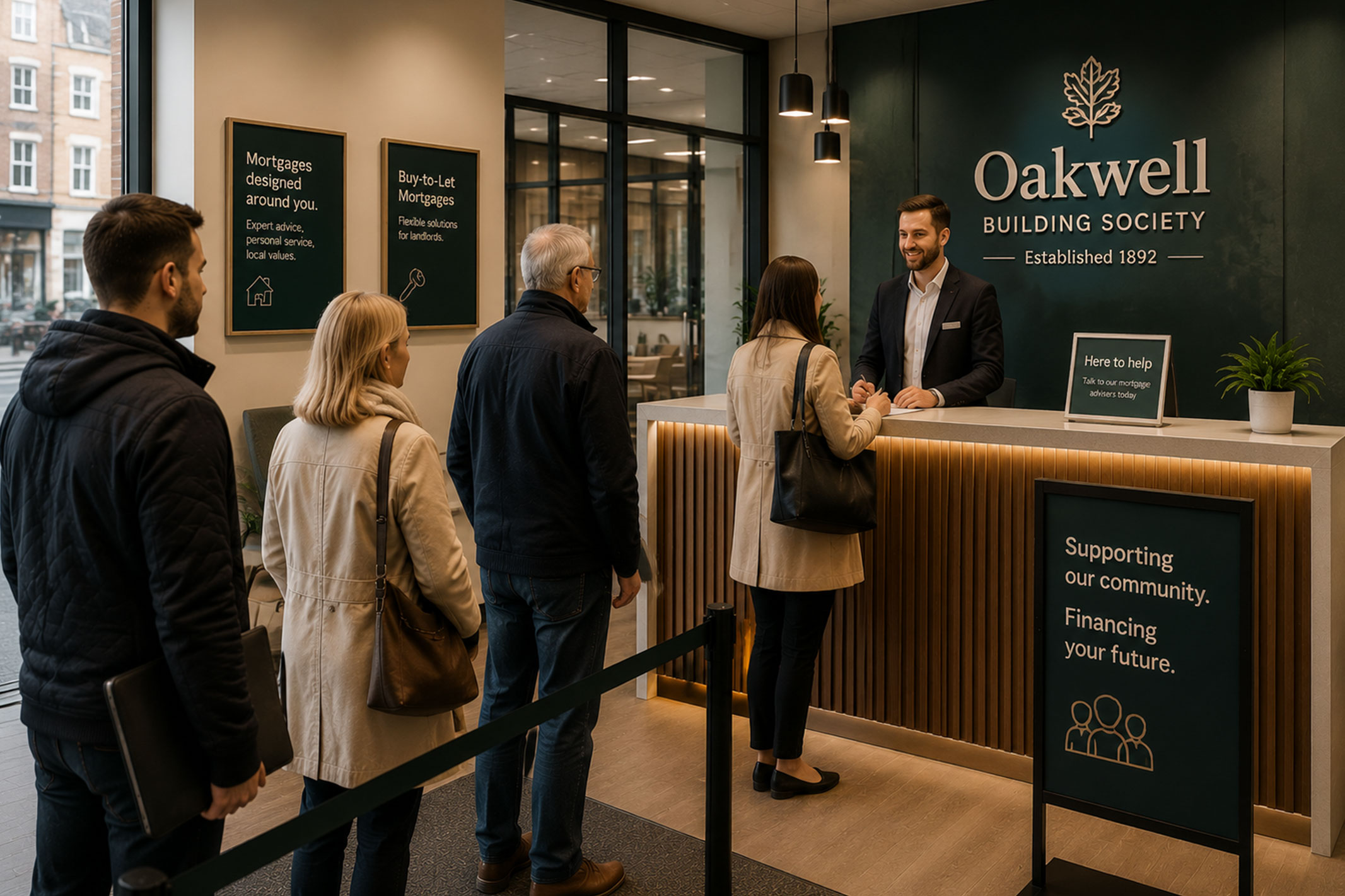 Customers queue inside a modern building society branch while a mortgage adviser assists a customer at the counter, representing the personal service and manual underwriting approach offered by building society lenders.