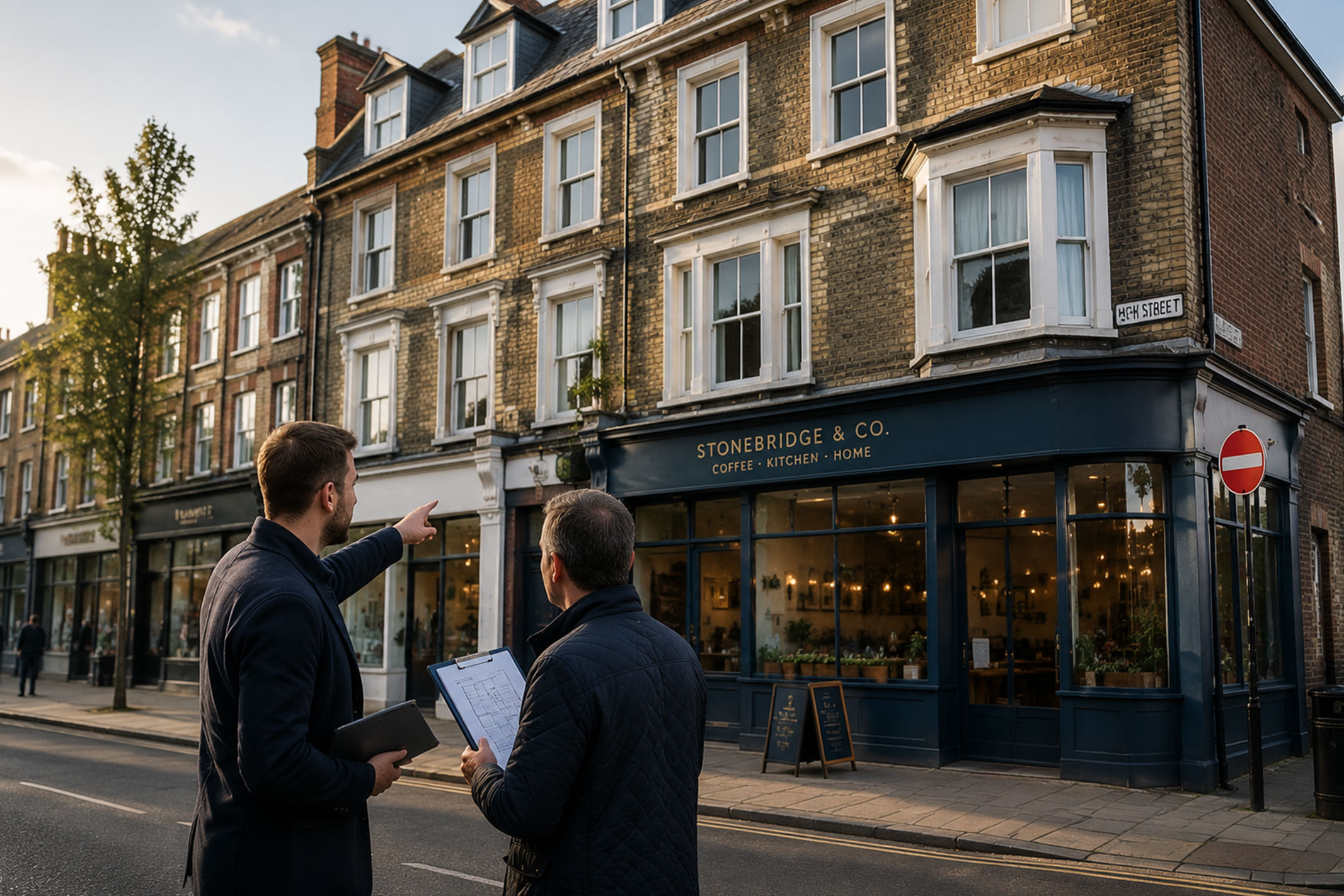 A property investor and surveyor reviewing a mixed-use UK building with residential flats above a commercial unit, representing the types of non-standard properties often considered by specialist buy-to-let mortgage lenders