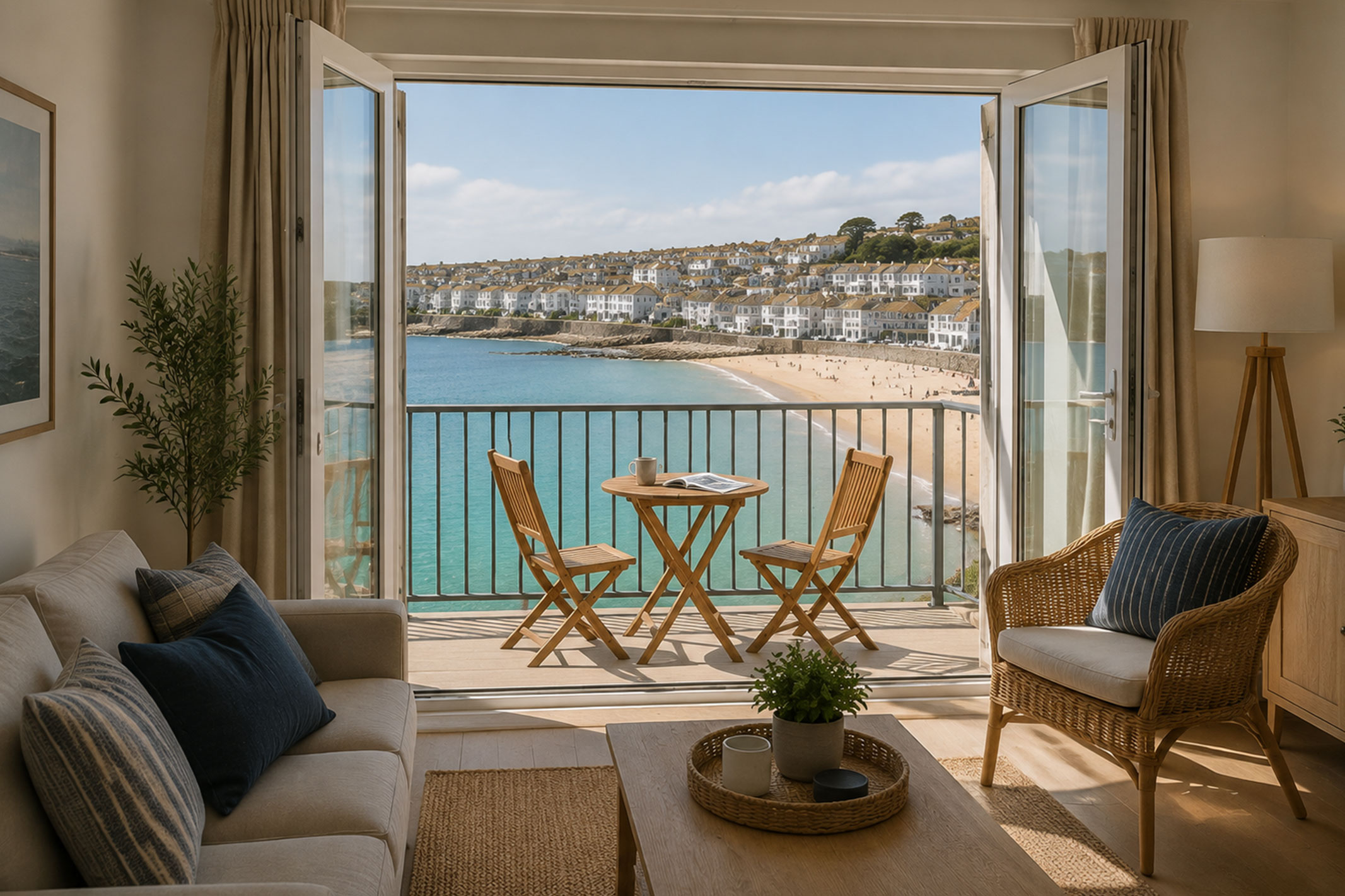 Coastal holiday let interior with open French doors leading to a balcony overlooking a beach, representing the specialist lending considerations involved in financing short-term rental properties.