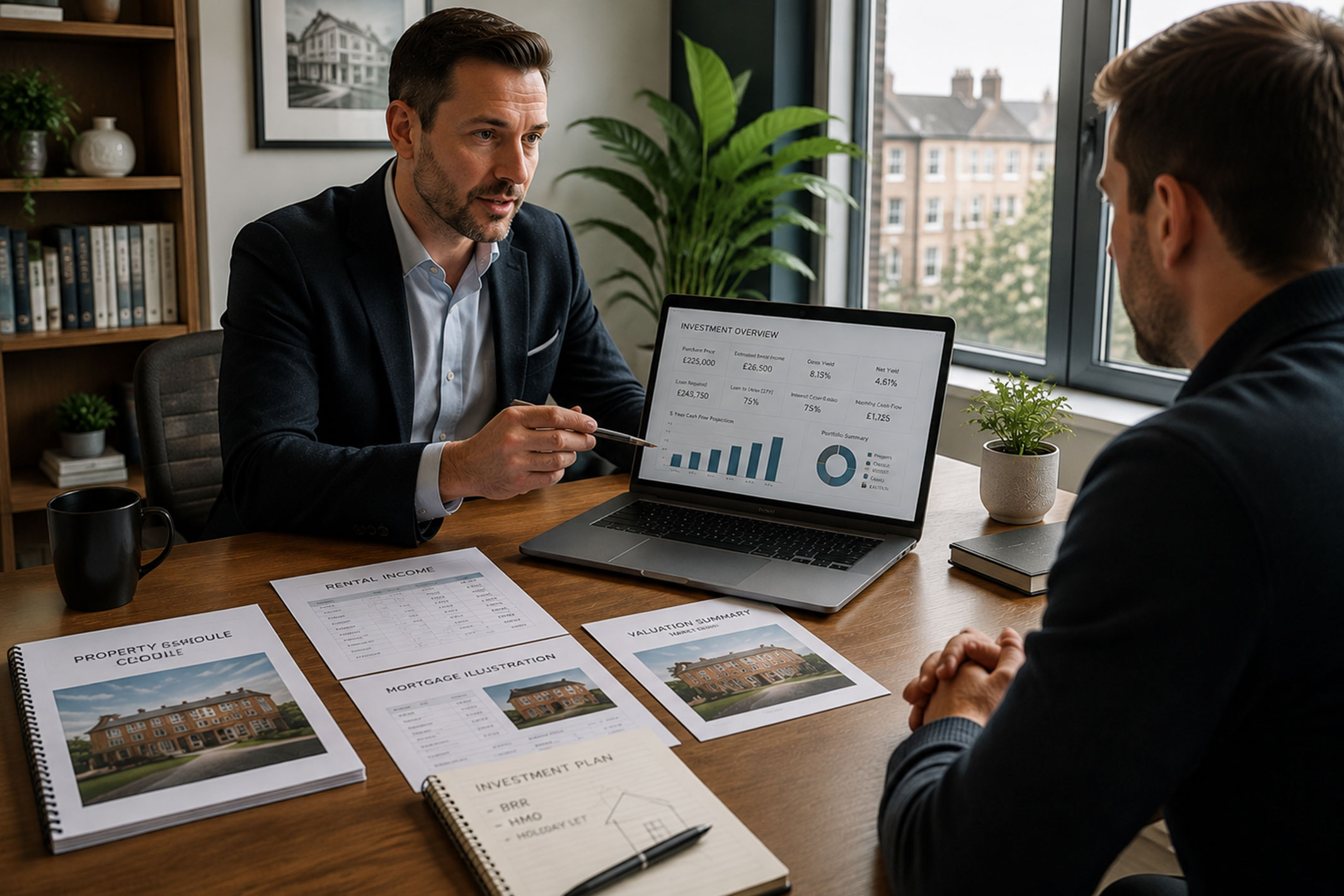 A property investor discussing mortgage options with a buy-to-let mortgage broker who is reviewing investment documents and financial analysis on a laptop in a professional office.