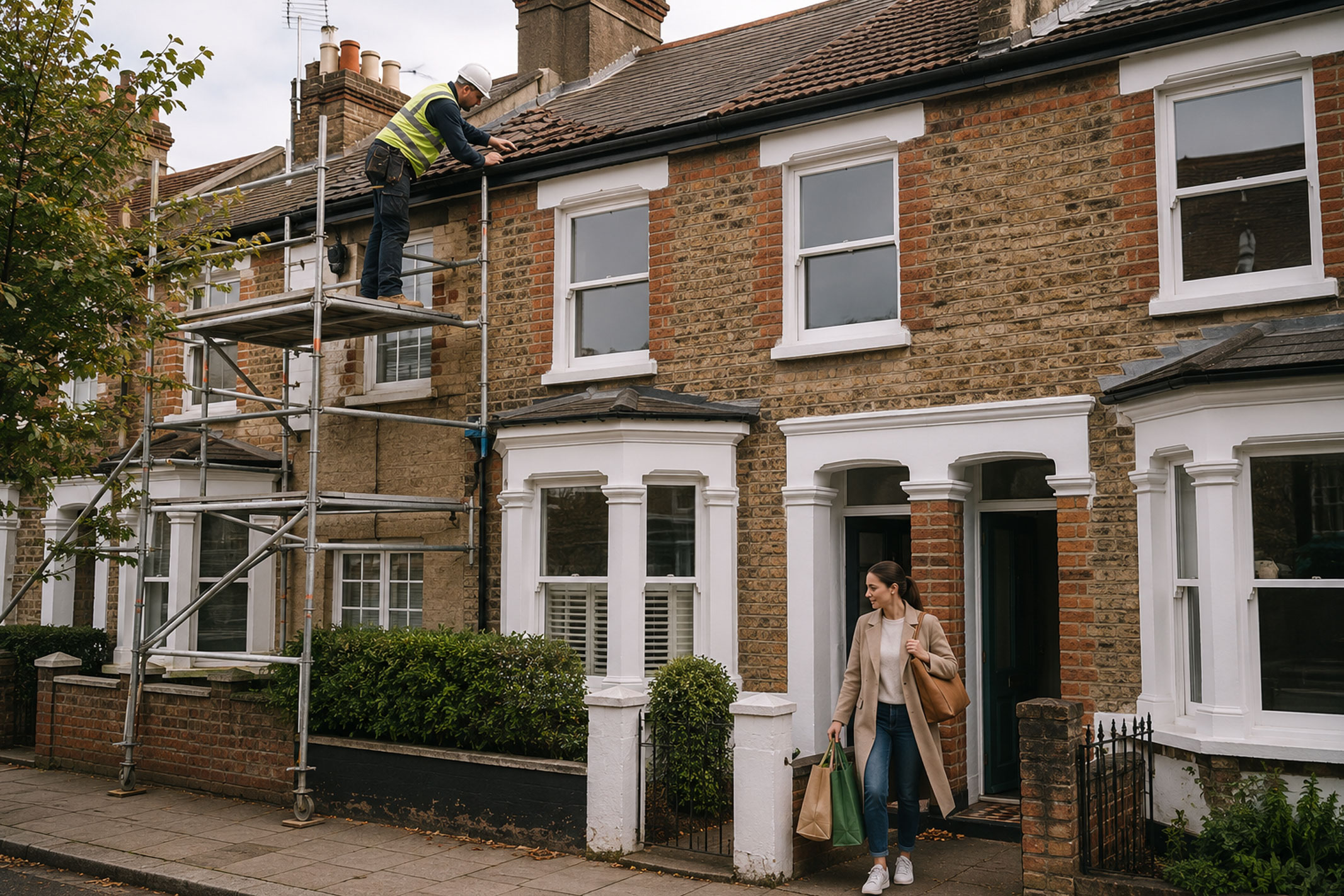 Roofing contractor replacing damaged roof tiles from scaffolding outside a Victorian terraced rental property while a tenant leaves the house, illustrating property owners' liability and preventative maintenance for landlords.