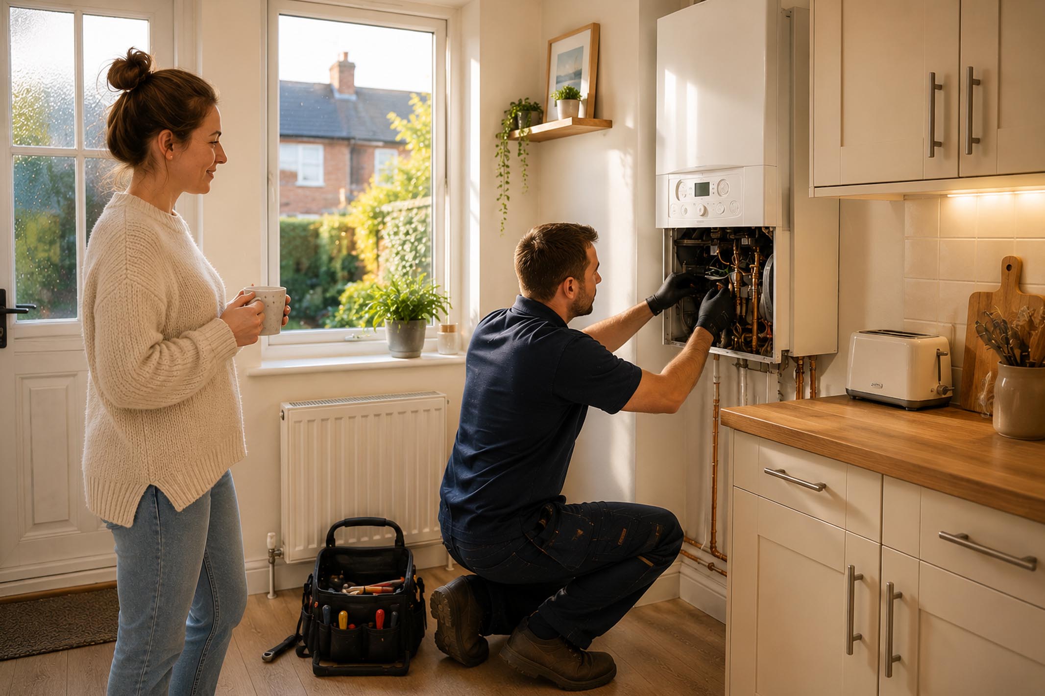 Heating engineer repairing a combi boiler in a rental property while the tenant stands nearby holding a mug, illustrating home emergency cover for buy-to-let landlords.