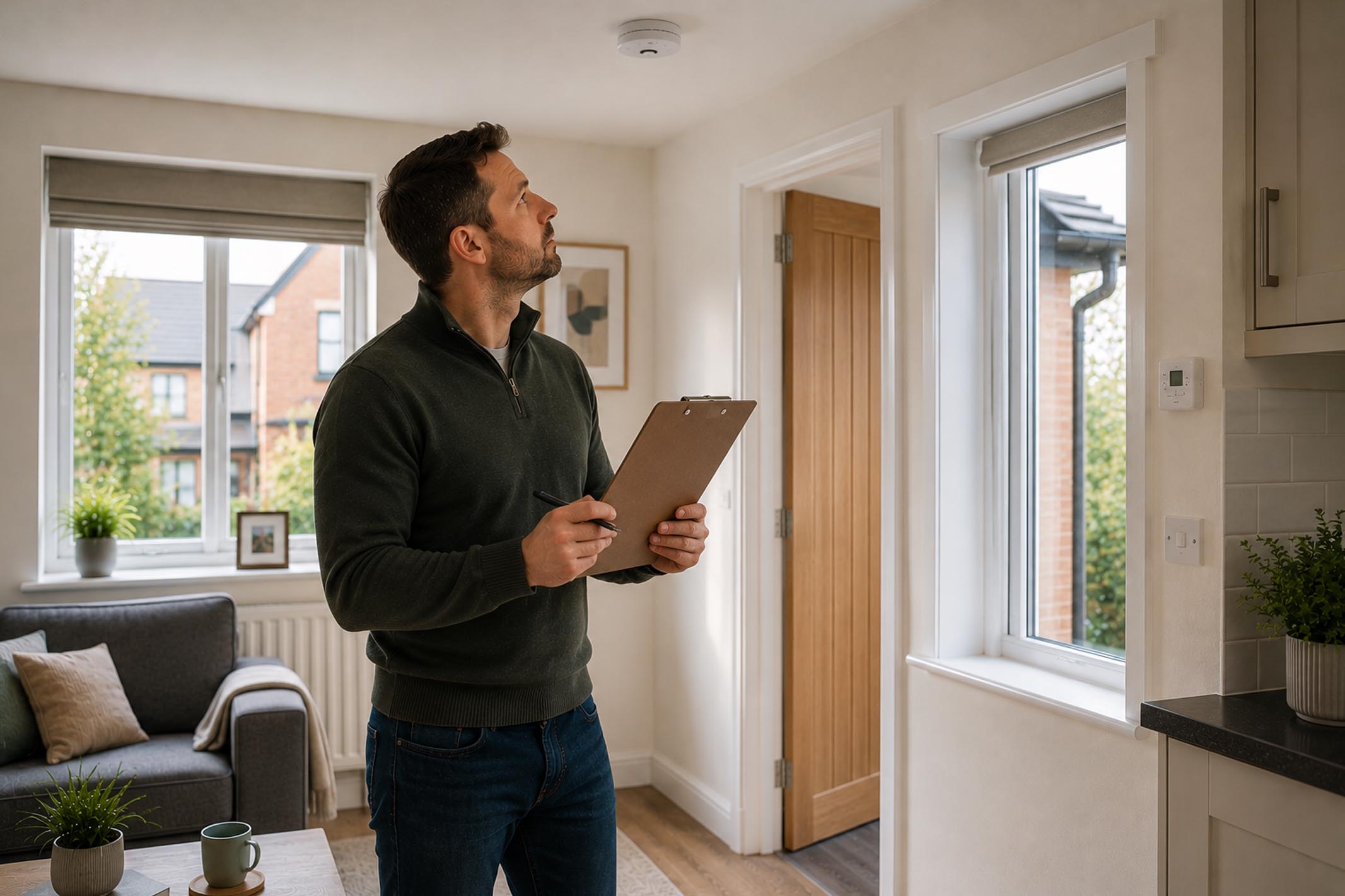 Heating engineer repairing a combi boiler in a rental property while the tenant stands nearby holding a mug, illustrating home emergency cover for buy-to-let landlords.