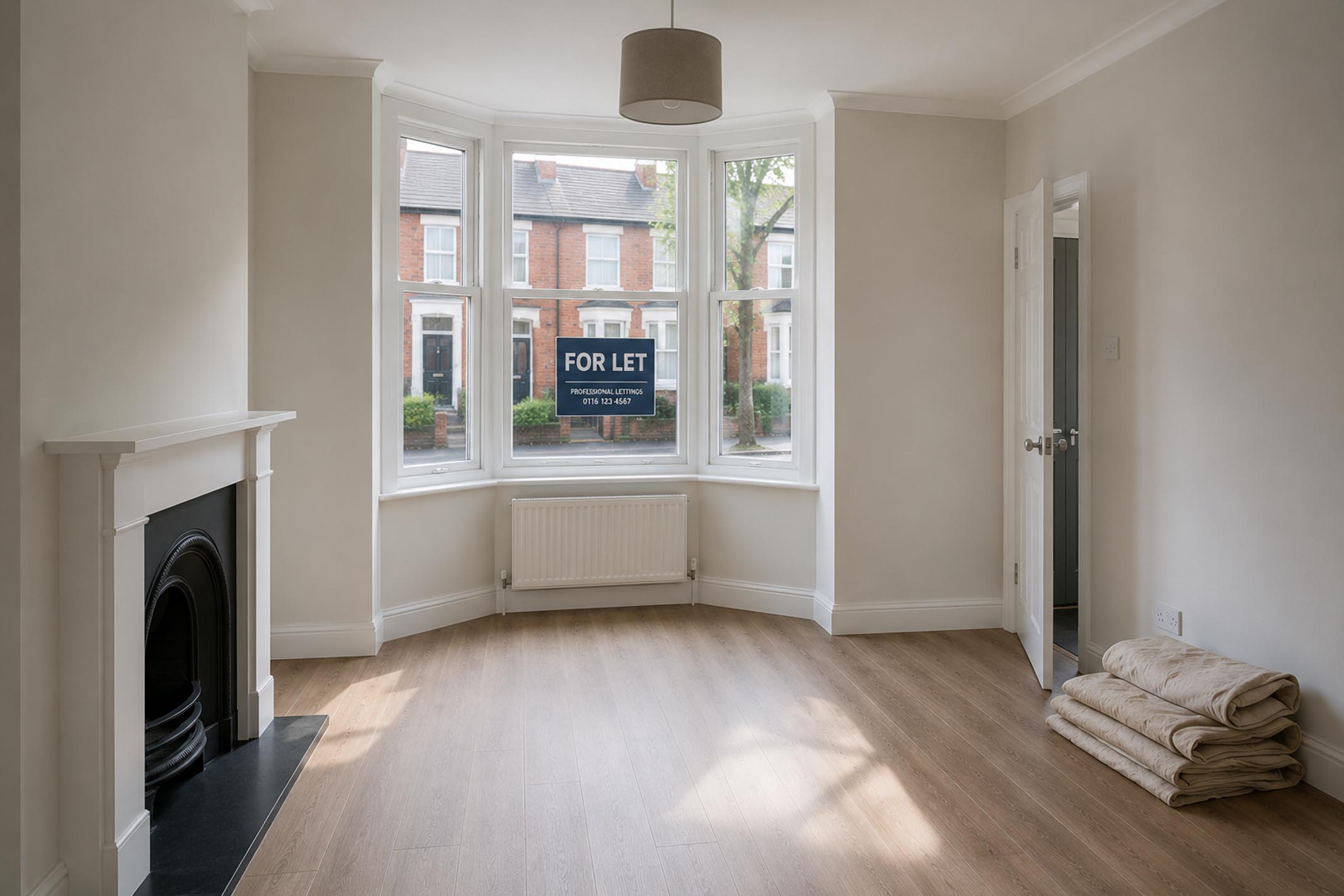Freshly refurbished and unfurnished Victorian terraced rental property during a void period, with a 'To Let' board visible through the front window, illustrating the importance of unoccupied property insurance for landlords.