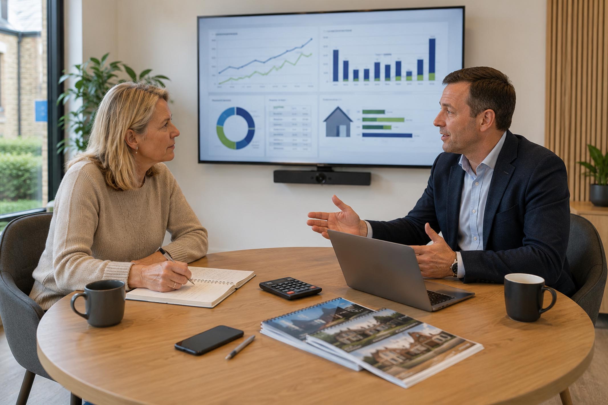 Property investor meeting with an independent mortgage broker in a modern office, discussing finance options and investment planning while reviewing financial projections on a presentation screen.