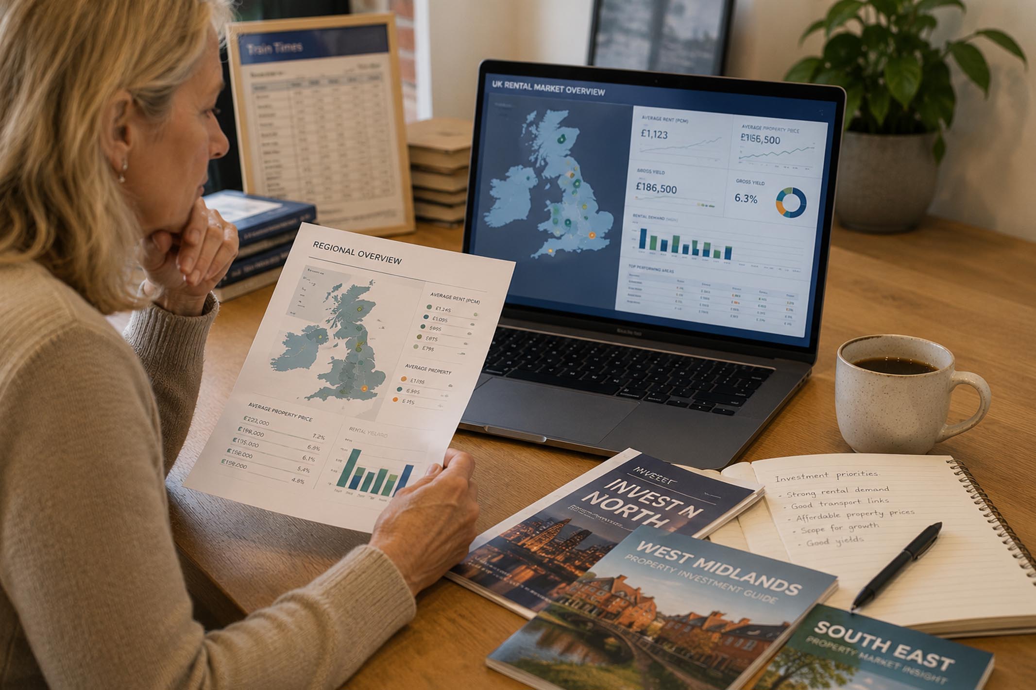 Property investor analysing UK rental market data on a laptop while reviewing regional investment reports and making notes to compare buy-to-let opportunities across different UK locations.