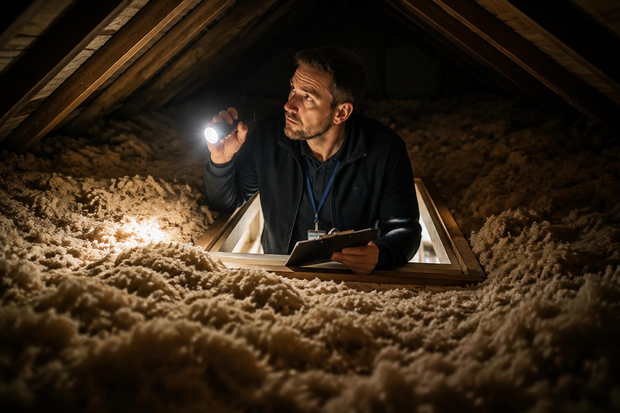 Property surveyor inspecting the loft space of a residential property with a torch and clipboard, assessing insulation and roof condition as part of a buy-to-let due diligence survey.