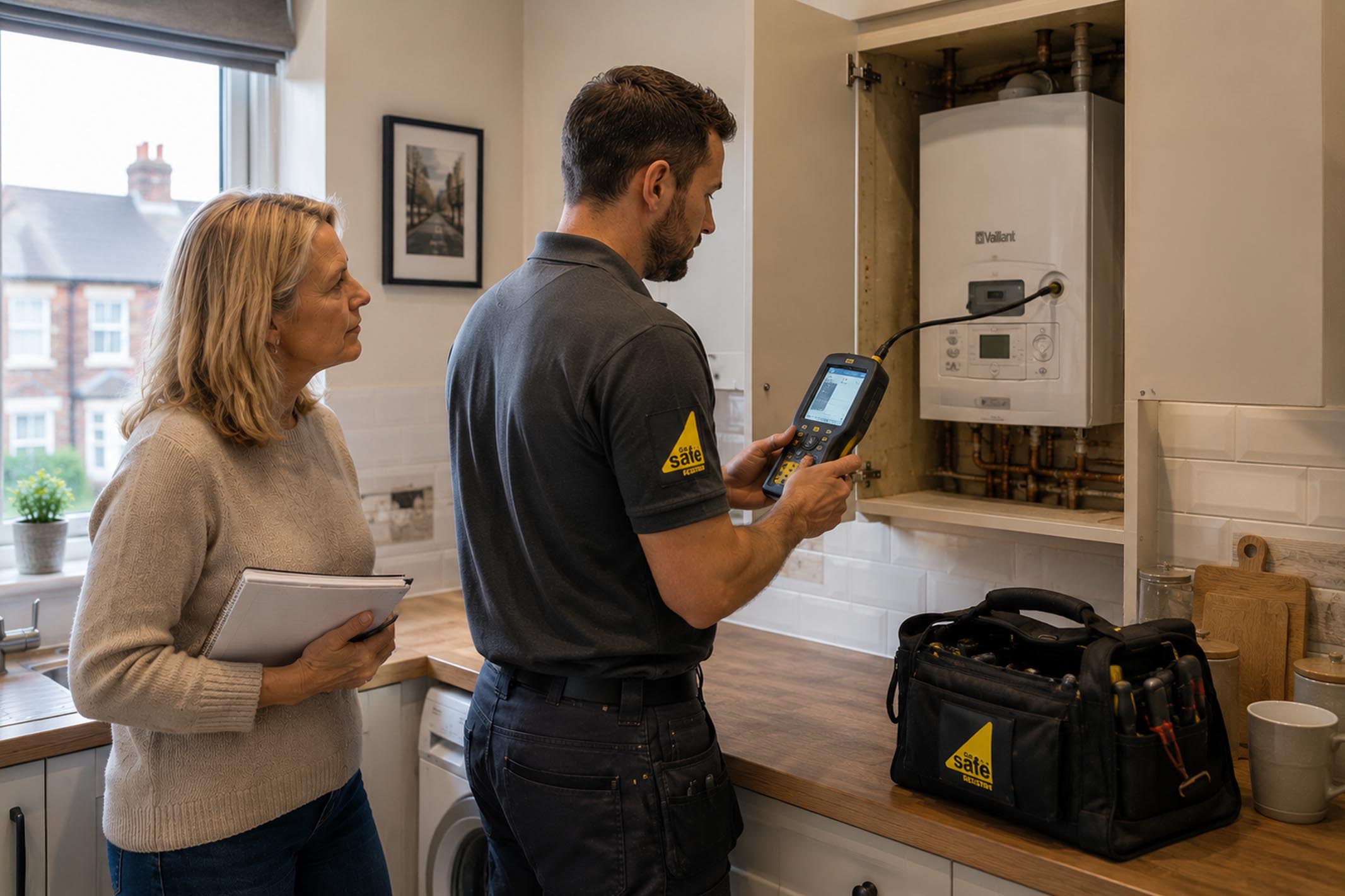 Gas Safe registered engineer carrying out an annual safety inspection on a combi boiler while a property investor observes in a modern buy-to-let kitchen before letting the property to tenants.