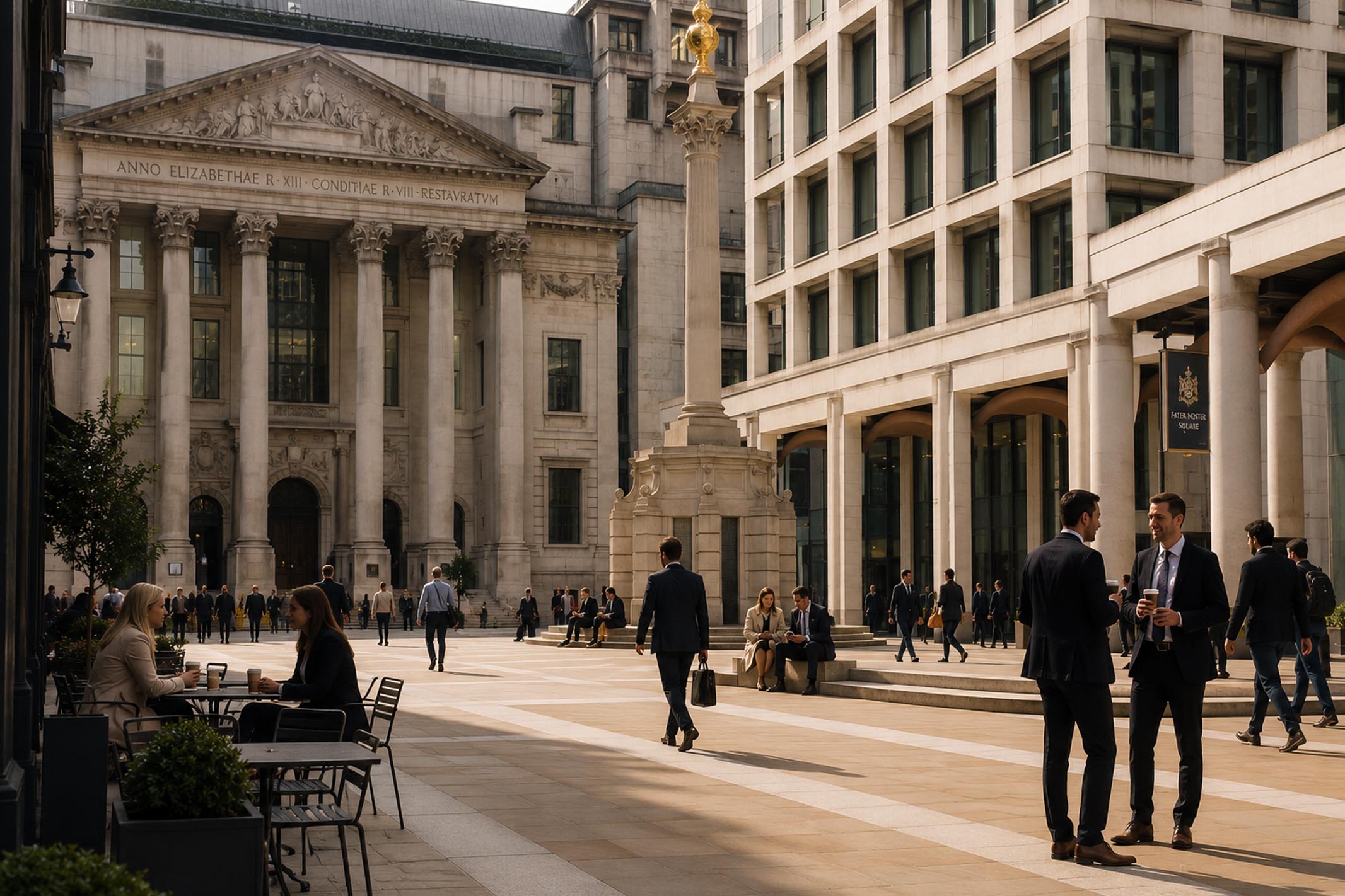 Business professionals walking through Paternoster Square in the City of London, representing the UK's financial markets and the comparison between property investment and other investment asset classes.