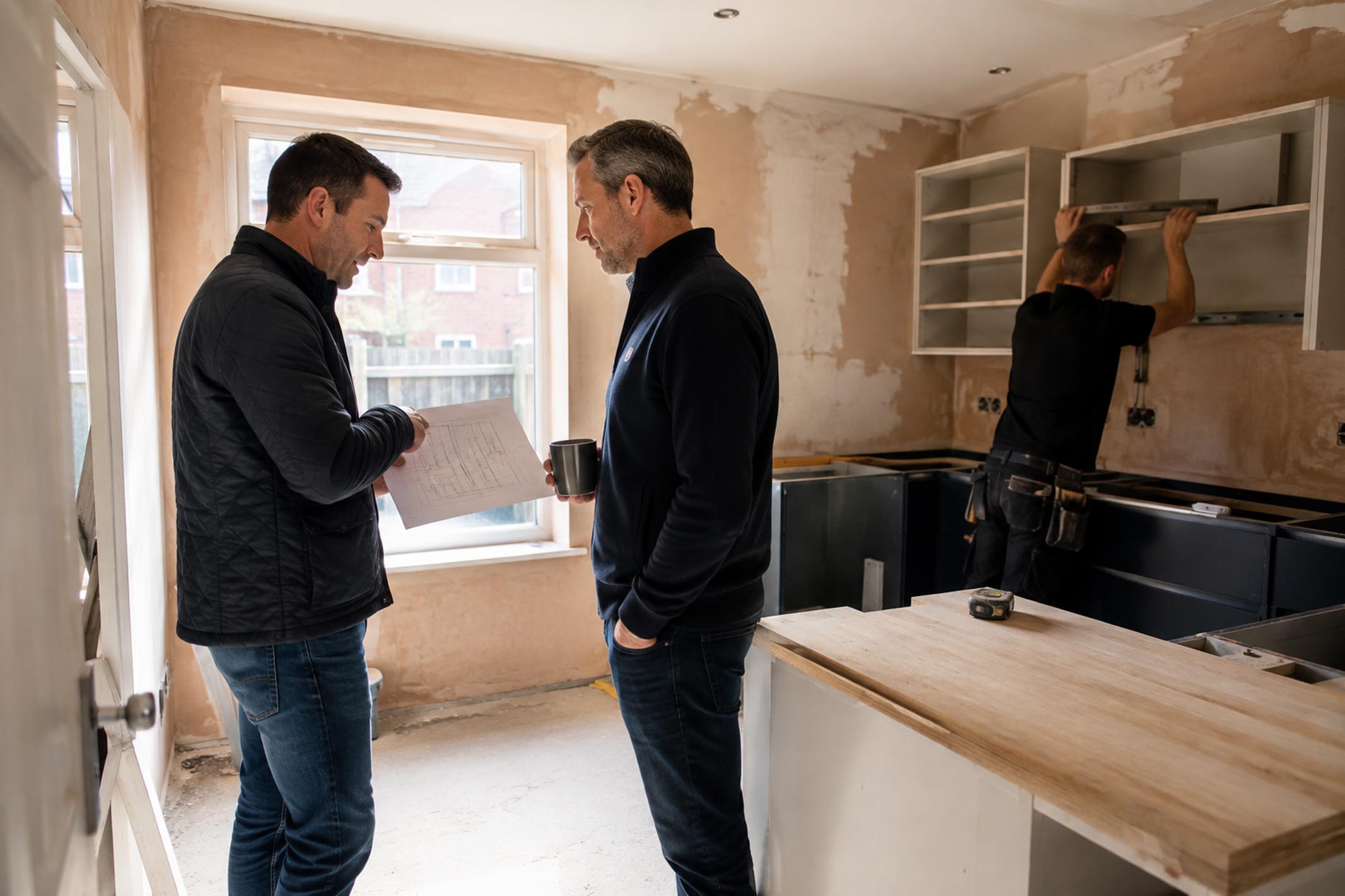 Property investor discussing a kitchen refurbishment with a contractor inside a modest semi-detached buy-to-let property during renovation works to improve rental value and investment returns.