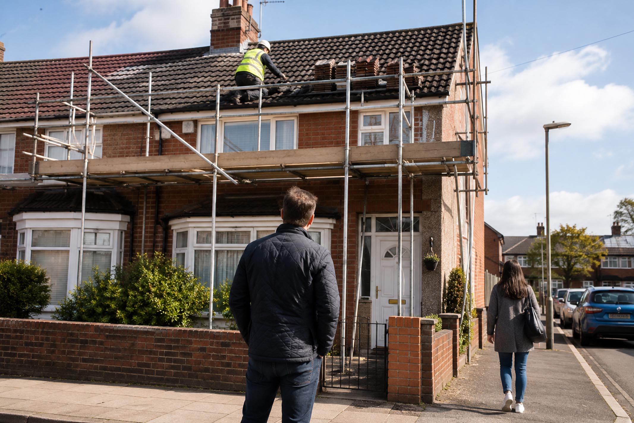 Roofing contractor replacing roof tiles on a modest semi-detached rental property from scaffolding as part of planned maintenance to protect the long-term value of a buy-to-let investment.