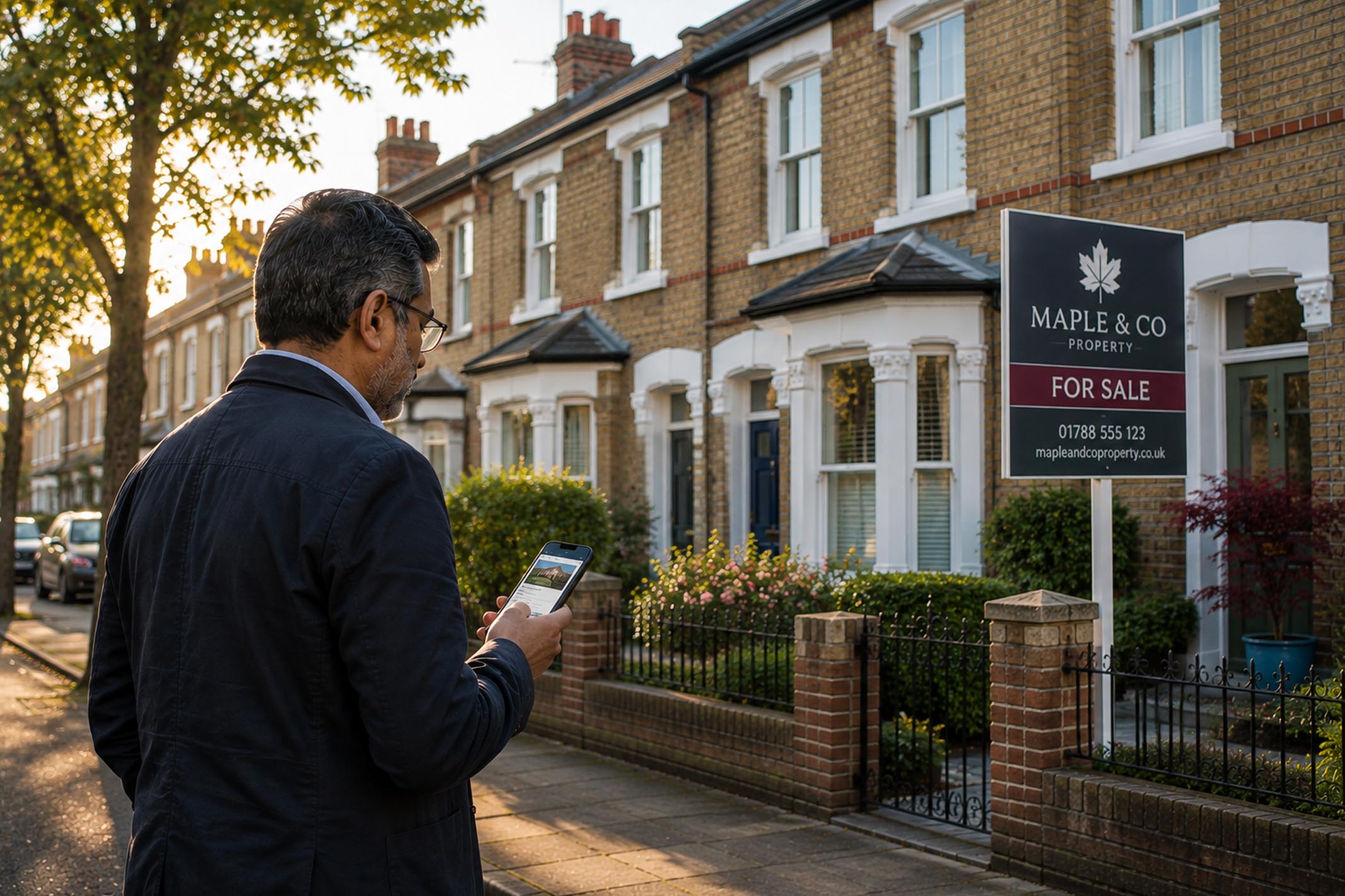 Property investor reviewing a potential investment on a smartphone while standing outside a Victorian terraced house with a fictional estate agent's For Sale board in a tree-lined UK residential street.