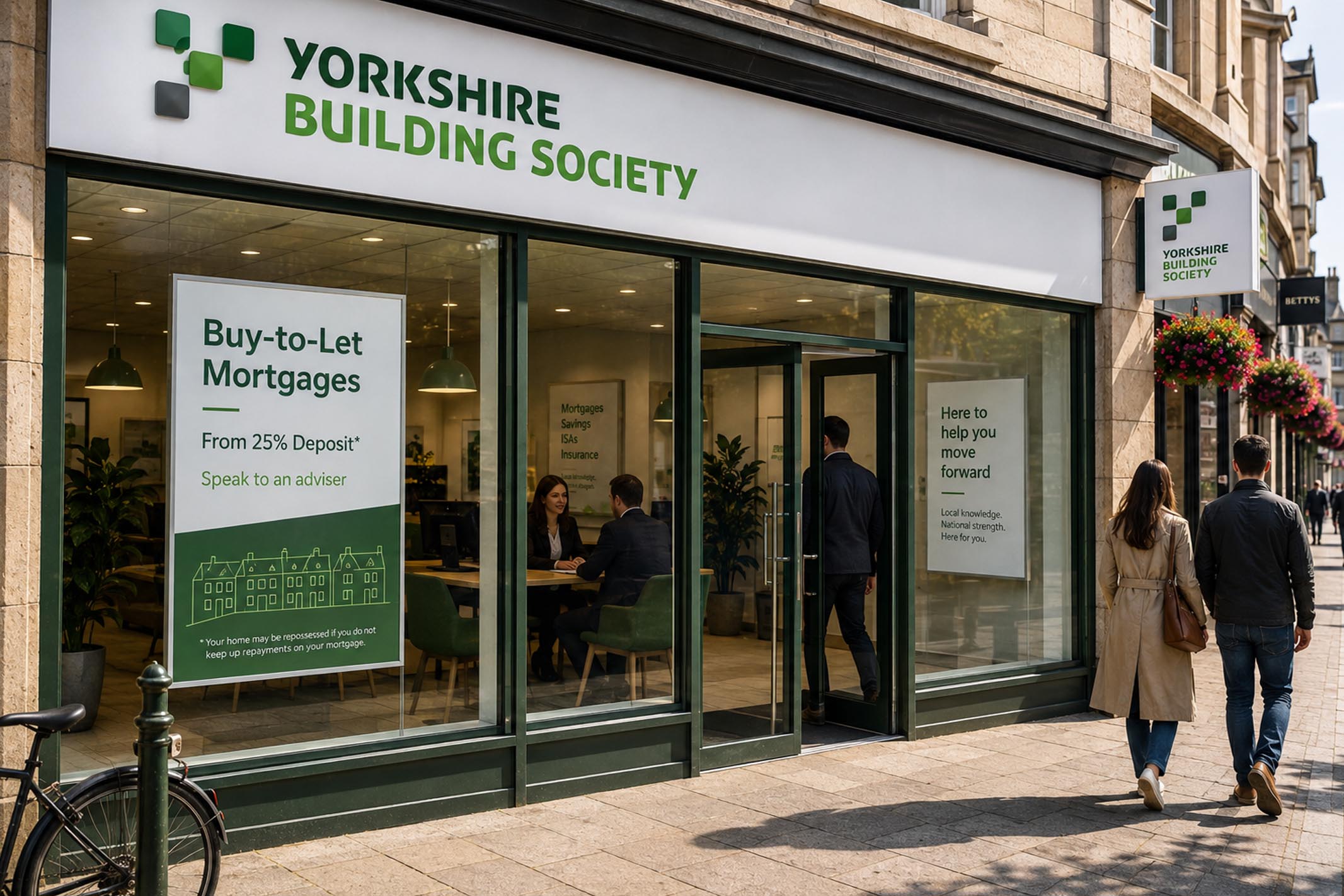Exterior of a Yorkshire Building Society branch with buy-to-let mortgage posters displayed in the windows, illustrating typical mortgage deposit requirements for UK property investors.