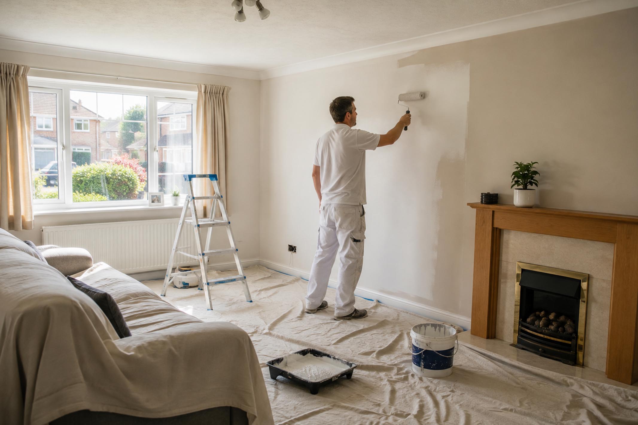 Professional painter decorating the living room of a modest 1990s semi-detached house with dust sheets and painting equipment, illustrating refurbishment costs before letting an investment property.